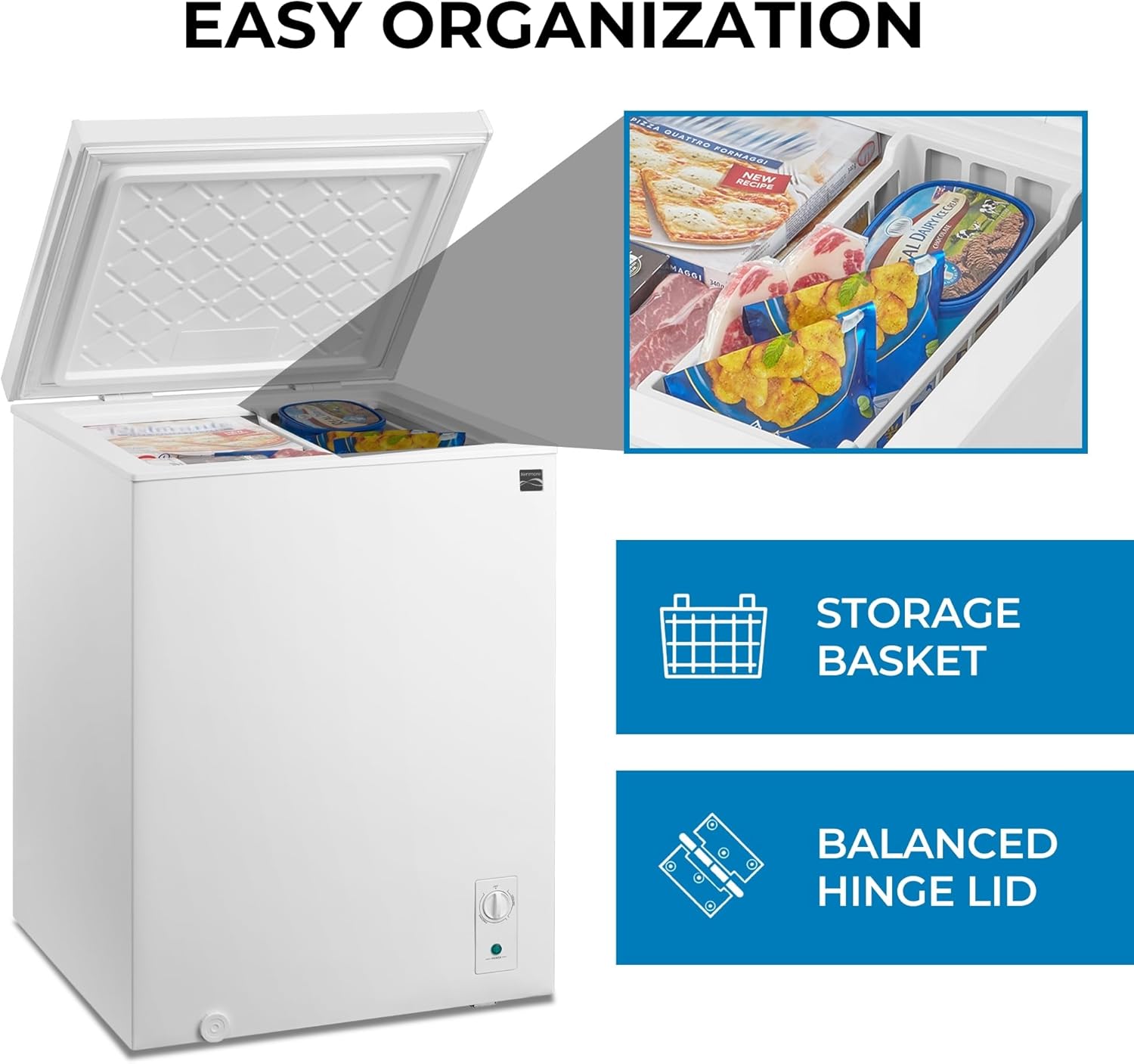 Kenmore Deep Freezer - Convertible Refrigerator/Chest Freezer, 1 Hanging Basket, Garage Ready, Meat Storage, Front Drain, Congelador For Home, Apartment, Basement, Dorm, Cottage 5.0 Cubic Feet White