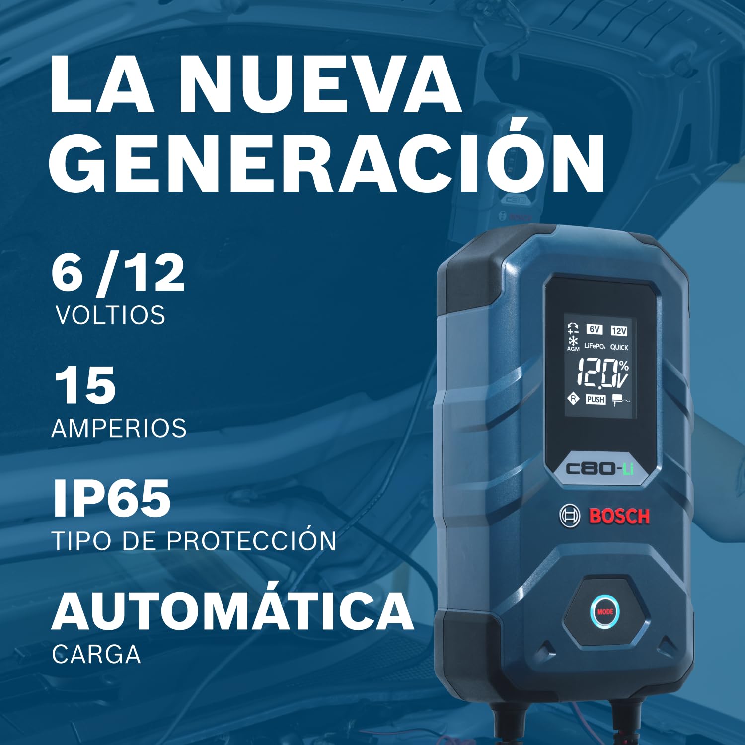 Bosch Cargador de Batería para Coche C80-Li, 15 Amperios, con Función de Carga Continua - para Baterías de Plomo-ácido, AGM, EFB, Gel y SLI, de 6V/12V, y de Litio (LiFePO) de 12V