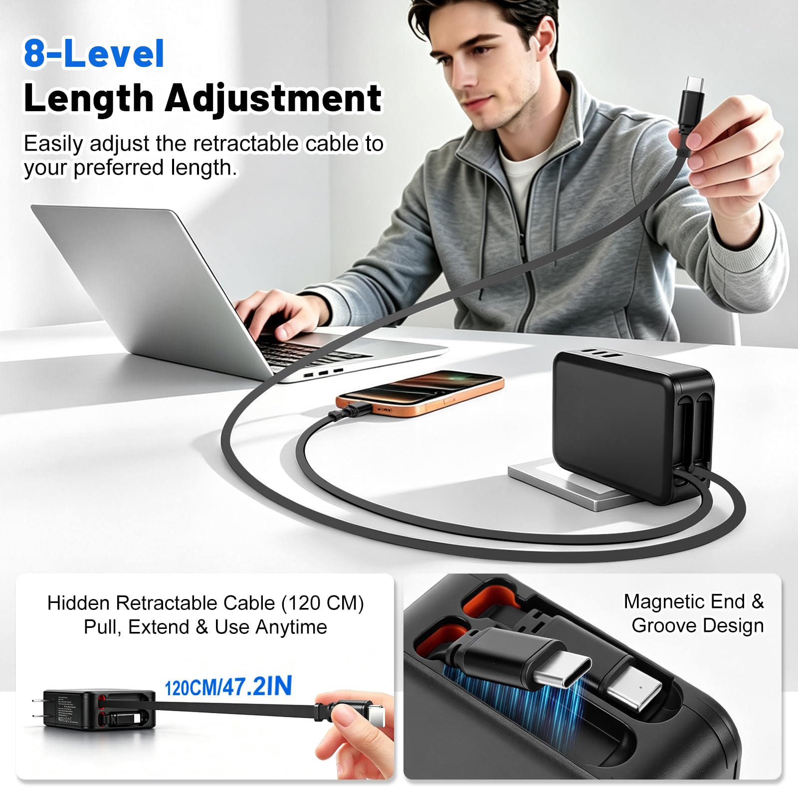 GaN - Caricatore rapido retrattile 5 in 1, 65 W, doppio tipo C, cavo di ricarica retrattile con 3 porte, 2 USB C e 1 USB A, cavo di ricarica estensibile per MacBook, iPhone, Galaxy, iPad