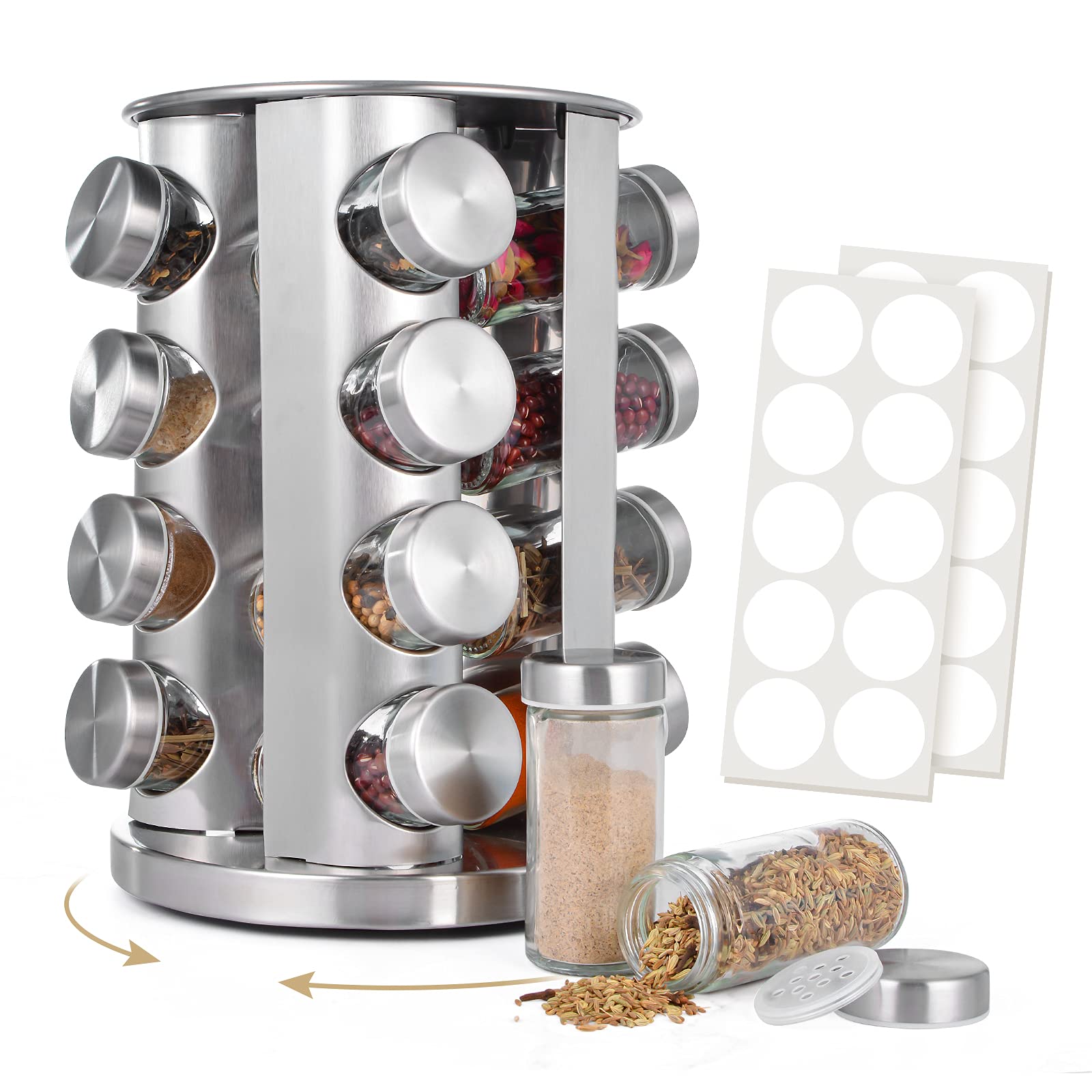 Buy Rotating Spice Rack with 16 Empty Glass Spice Jars, Revolving Seasoning Organizer Countertop