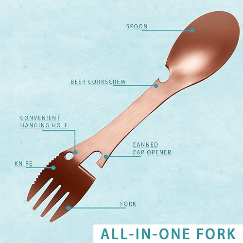 Miniatura 2 de Sporks 5 en 1 de acero inoxidable para campamento, cuchara y tenedor combinado con abrebotellas, utensilio de viaje multifuncional para mochileros