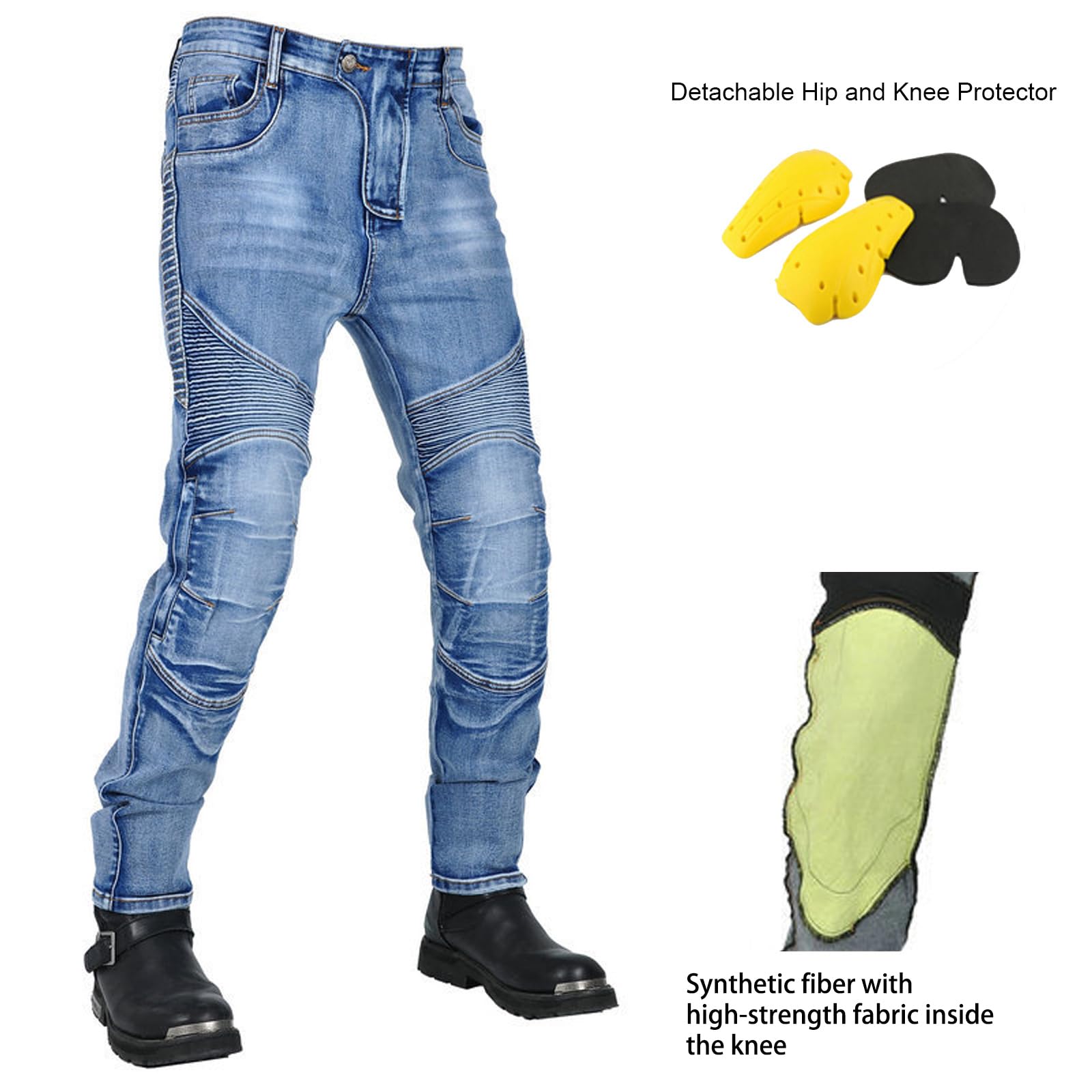Męskie spodnie motocyklowe, z kevlaru, rozciągliwe, ochronne dżinsy ochronne, odporne na rozdarcia, retro spodnie jeansowe do jazdy konnej, zdejmowane ochraniacze CE, NIEBIESKI, 4XL