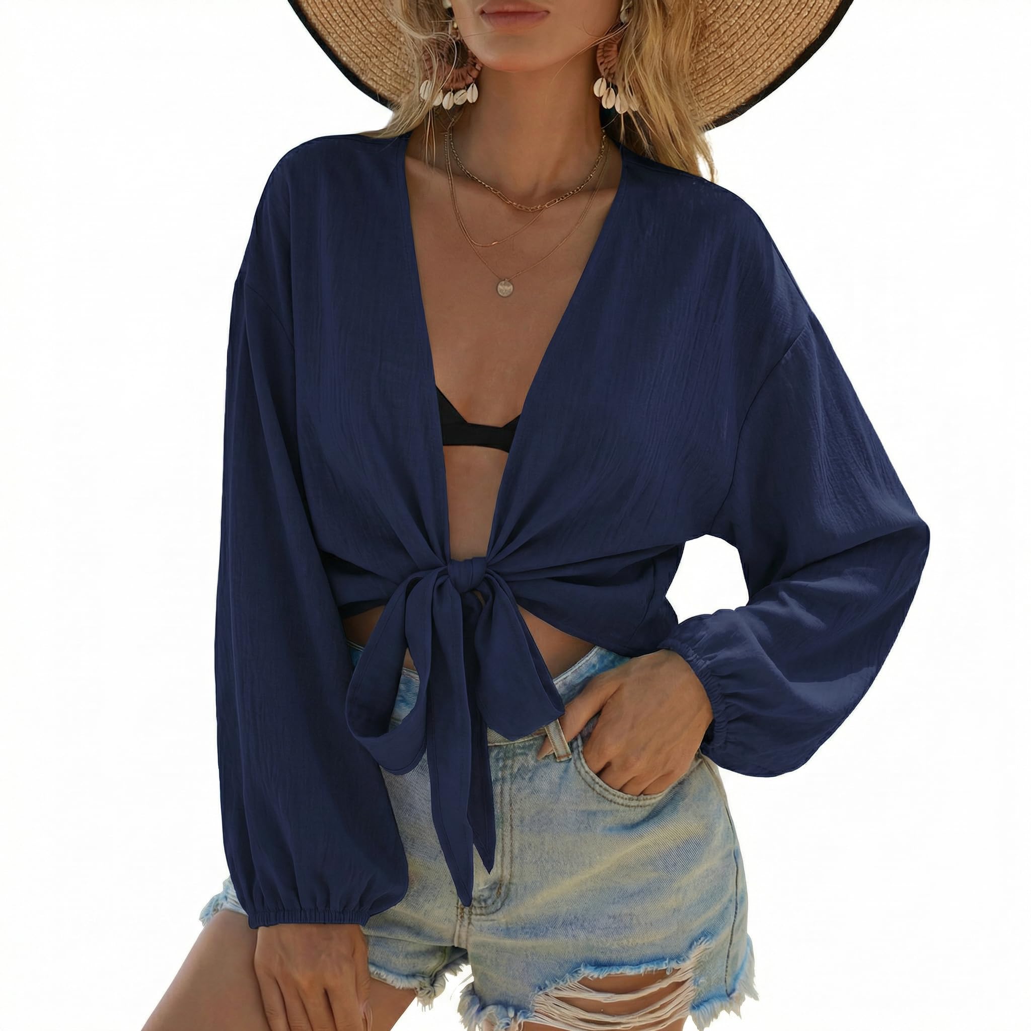 Ekouaer Womens Swimsuit Cover Ups Tie Front Long Sleeve Top Kimono for Women Bikini Shirt Summer Cardigan