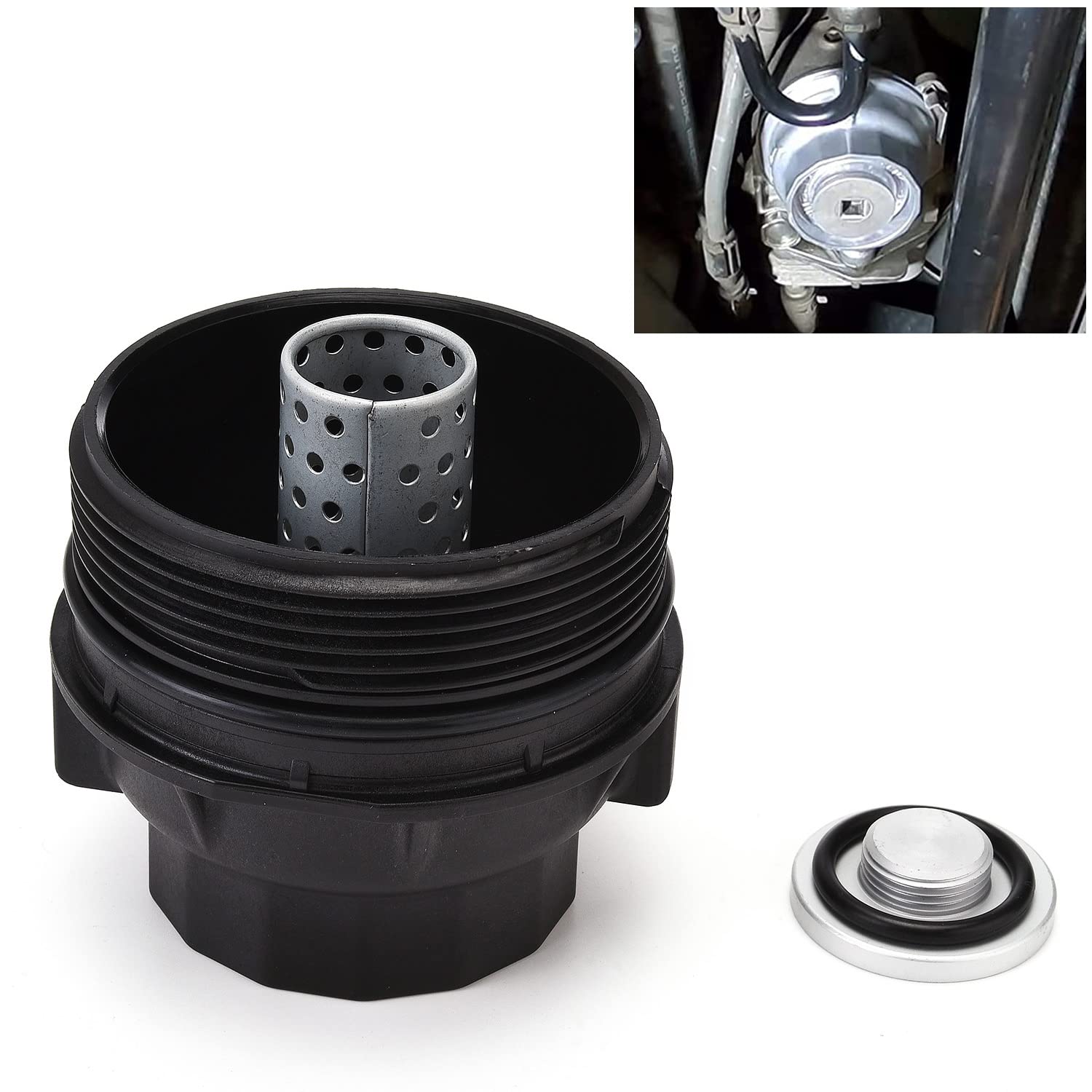 RJSPHH Oil Filter Housing Cap Assembly with Oil Plug Compatible with Toyota Avalon Camry Highlander RAV4 Sienna Tacoma Venza, ES300h RC350 RX350, Scion tC Replace 15620-36020 15620-36010 15643-31050