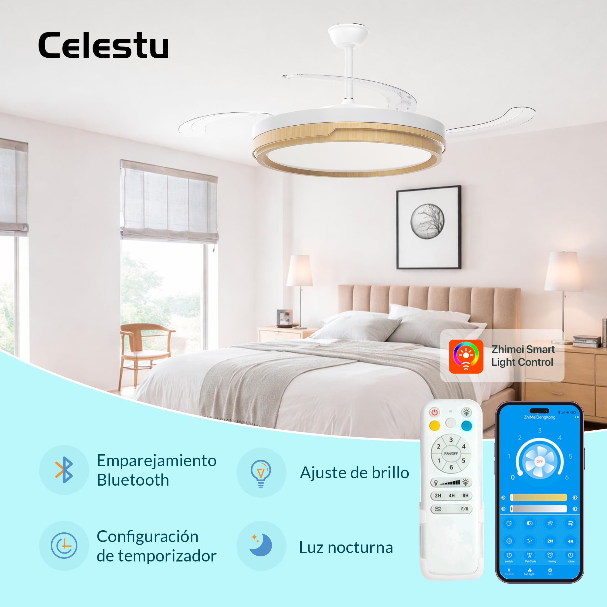 Ventilador de Techo 66w+30w LED Silencioso con Control Remoto y App, Luz Regulable, 6 Velocidades, Temporizador (Madera)