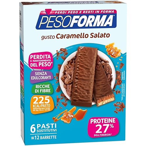 Pesoforma Barrette Caramello Salato, Pasto sostitutivo proteico, Barrette per il controllo del peso, Barrette proteiche per restare in forma, Solo 225 calorie, 12x31g