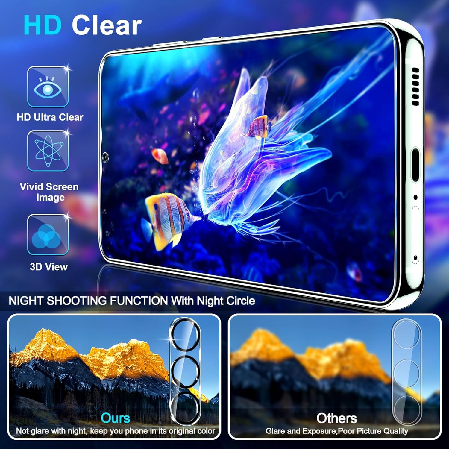 3-pak szklanych ochraniaczy ekranu do Samsung Galaxy S24 FE [17.0 cm] + 3 osłony obiektywu aparatu, szkło hartowane 9H, odblokowywanie odcisków palców, przezroczyste etui HD, odporne na zarysowania