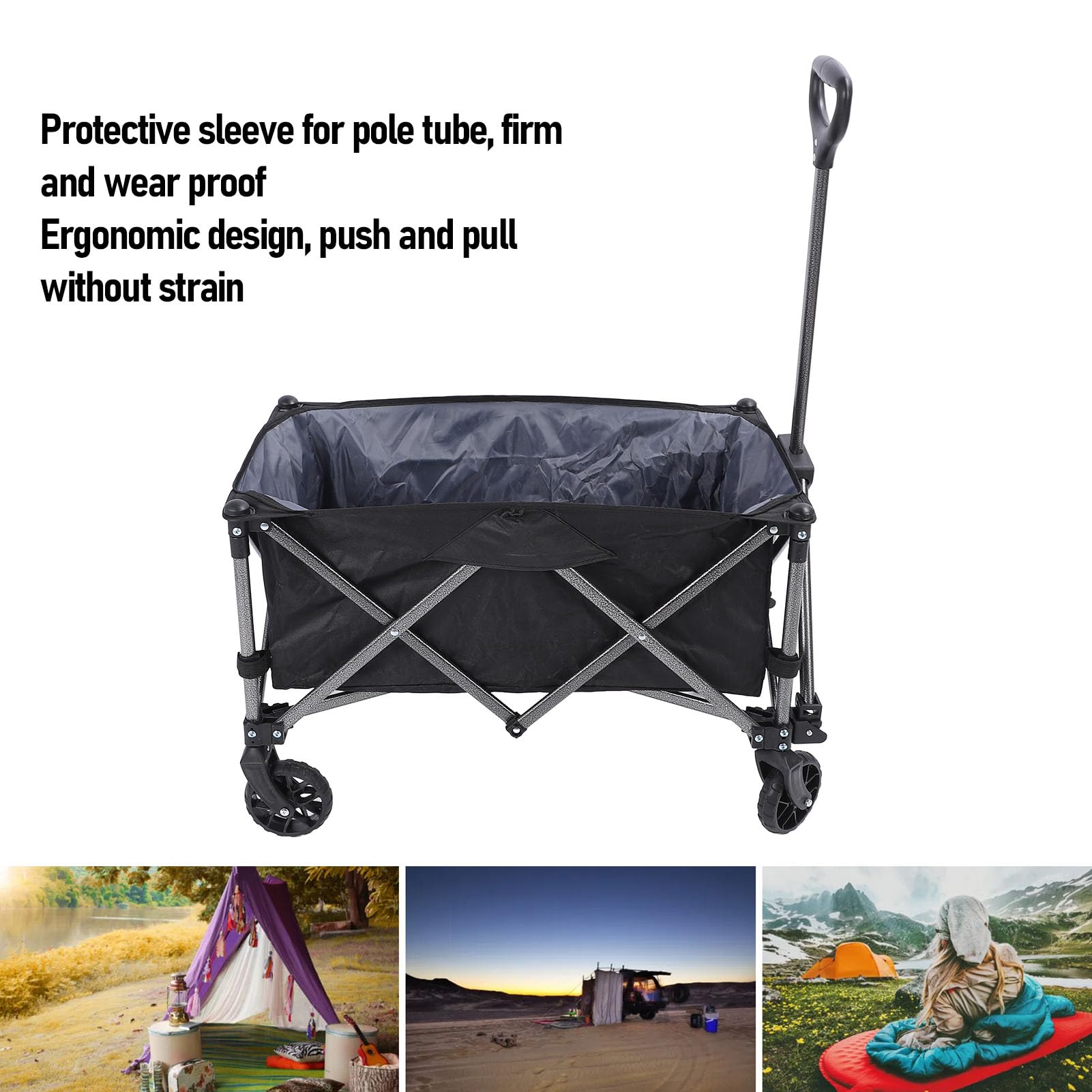 Zusammenklappbarer Wagen aus Stahl, 100 L, Polyester, für Camping, Einkaufen, Schwarz, Mehrzweck-Einkaufswagen, Strandwagen