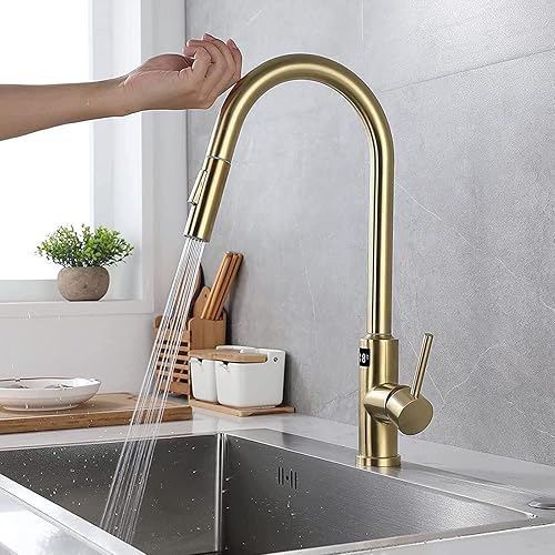 Yalsfowe Grifo de cocina táctil, grifo de cocina con rociador extraíble, sensor inteligente de acero inoxidable, grifo de fregadero de cocina con