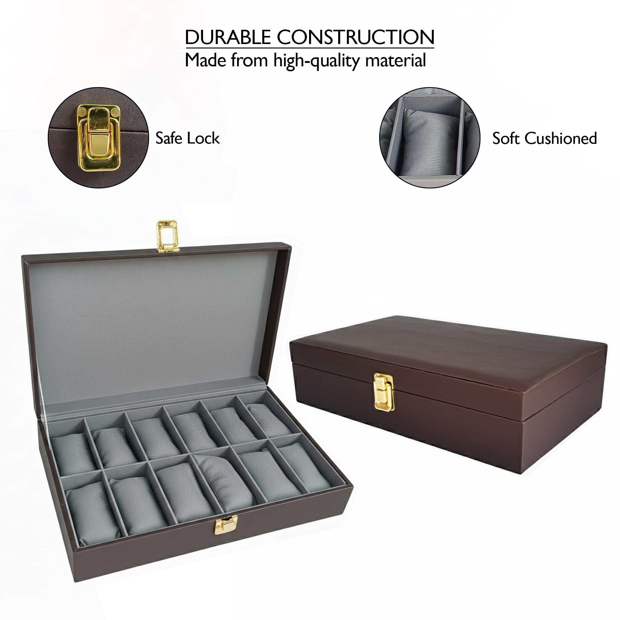 Caja organizadora de relojes unisex de piel sintética MDF con 12 ranuras | Color: marrón