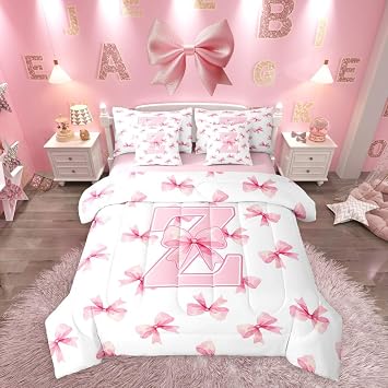 Initial Letter Z 7 Pieces Bedding Set Twin Size,Coquette Pink Bow Bed in a Bag,Preppy Bowknot Bed Set Includes Comforter,Sheet Set,Pillowcases & Pillow Covers,Oil Painting Bows Bedroom Decor
