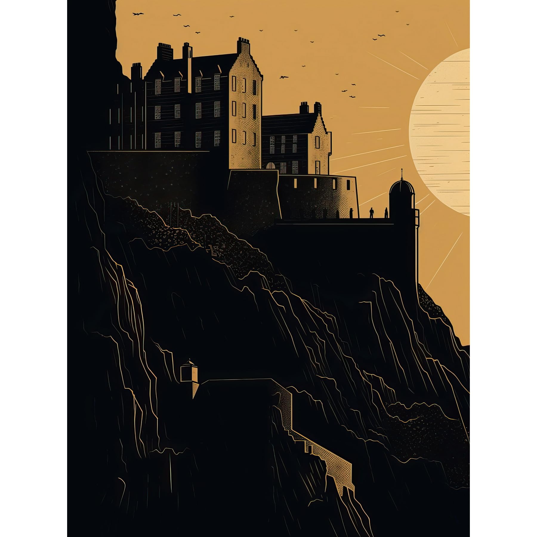 Artery8 Edinburgh Castle at Sunset Linocut Illustration Large Wall Art Poster Print Thick Paper 18X24 Inch