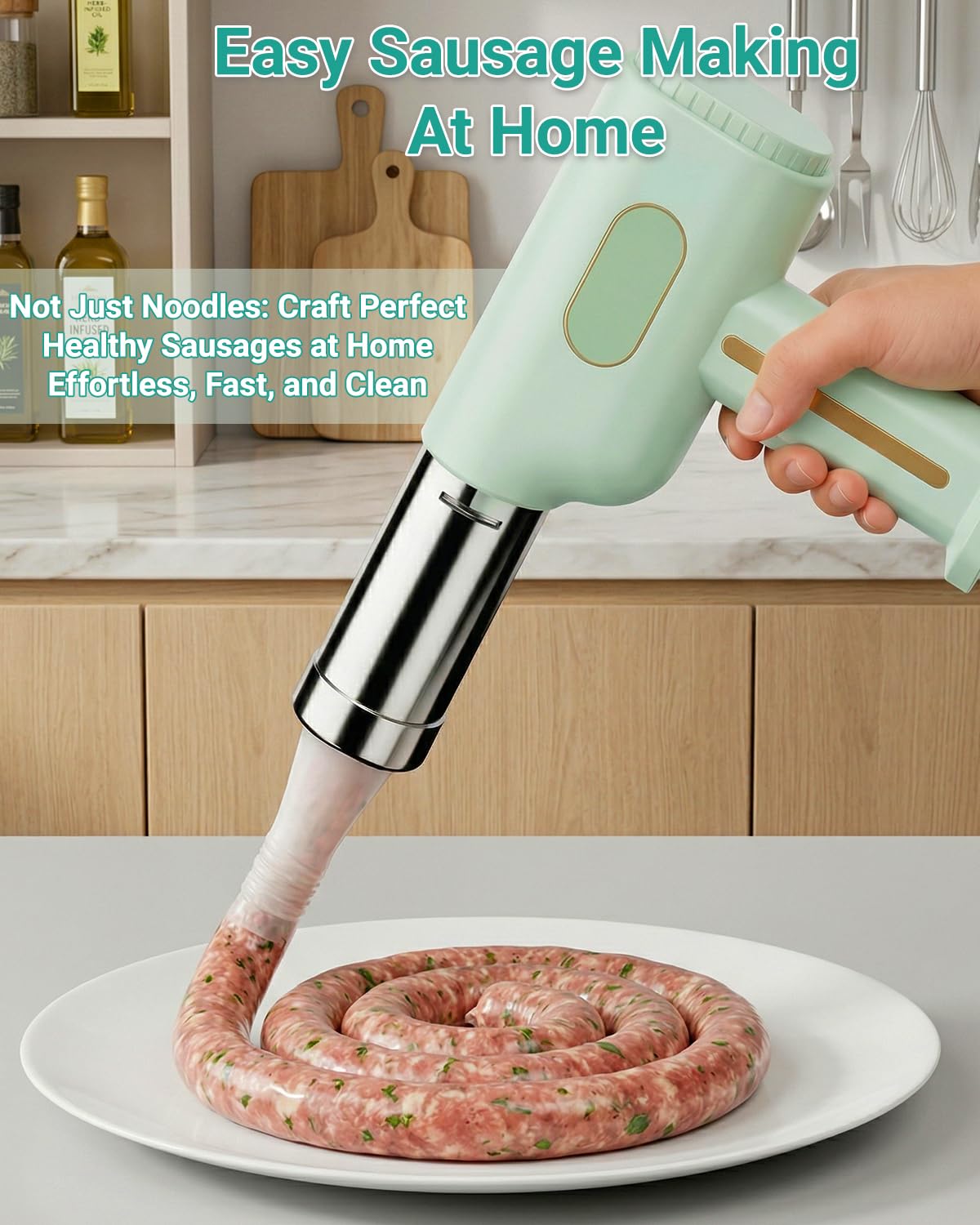 Macchina per la pasta, macchina elettrica portatile per pasta, riempitrice per salsicce, macchina per noodle senza fili all-in-one, con stampi per modellare gli accessori (verde)