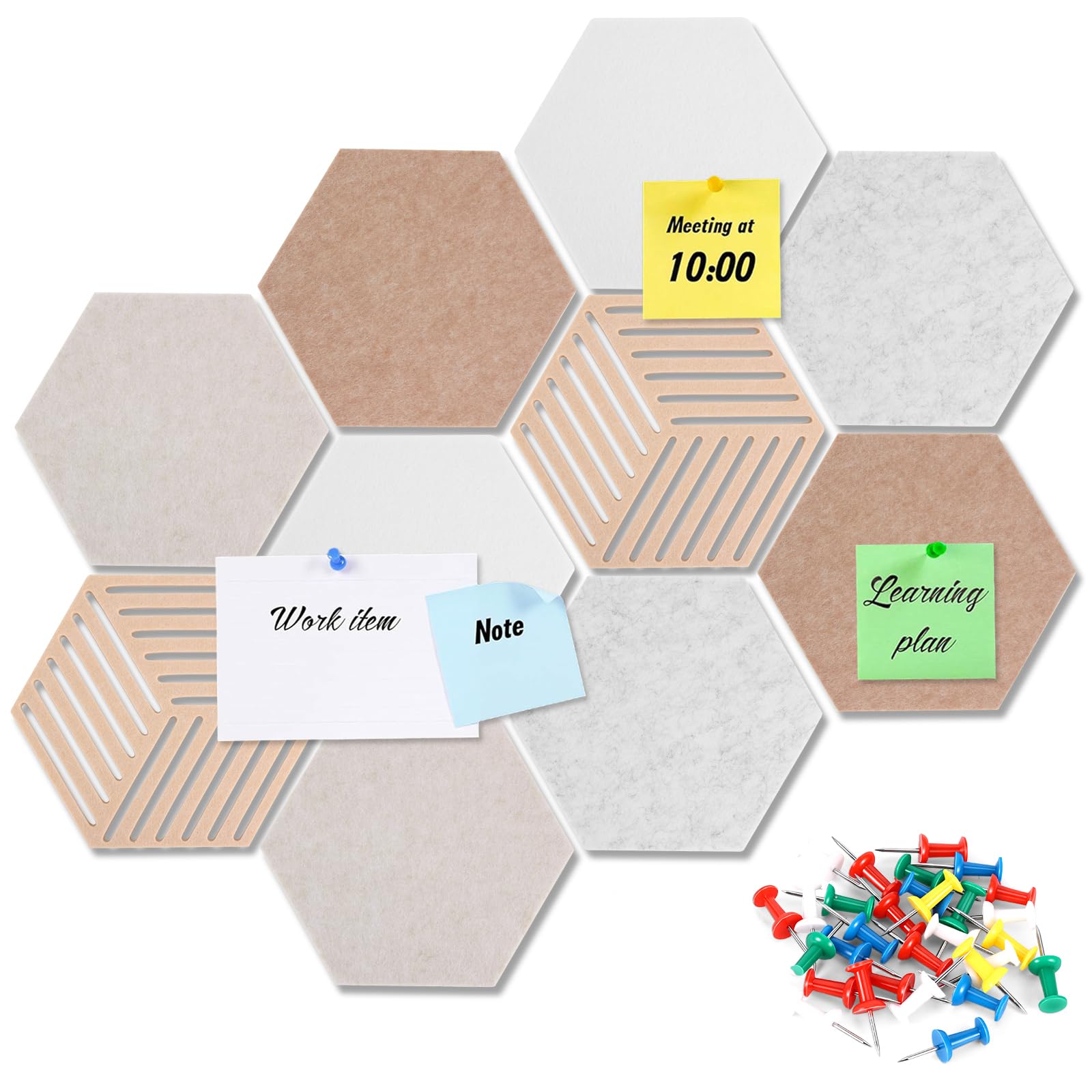 Zevrang Filz Pinnwand Hexagon Selbstklebend 10er Set für Notizen | Hexagon-Filzplatten für flexible Gestaltung von Notizen, Fotos und Erinnerungen an jeder Wand, 50 Pinnnadeln