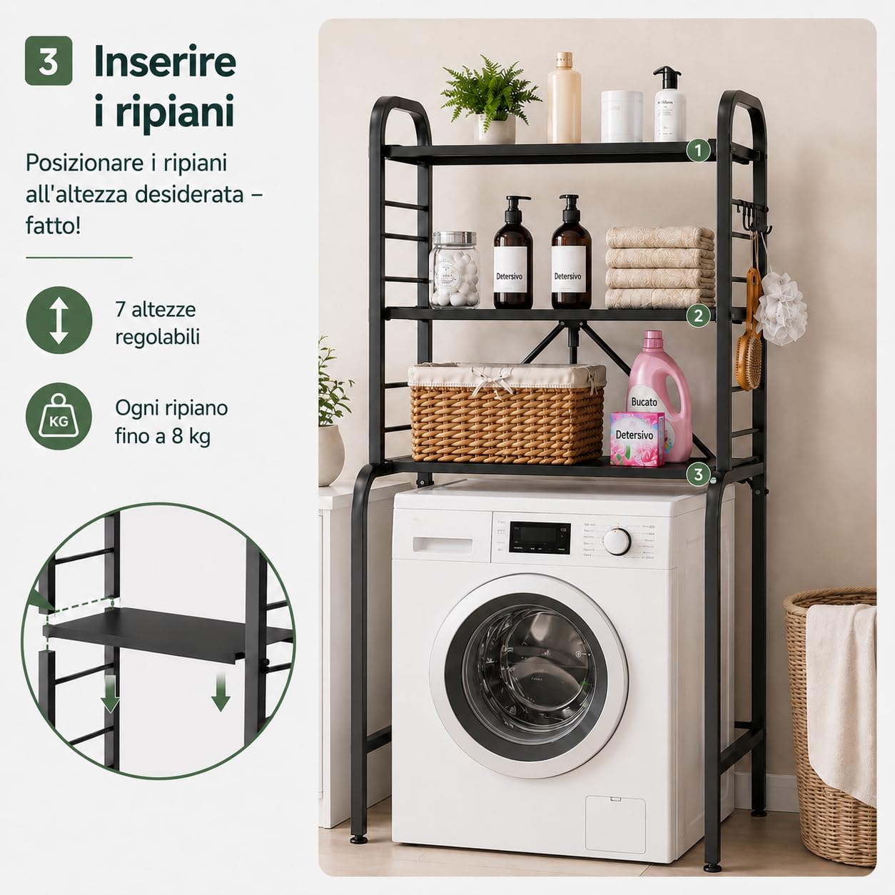 Scaffale Sopra Lavatrice in Metallo a 3 Ripiani, Mobiletto per Lavatrice con 8 Ganci, Ripiano Sopra Lavatrice Regolabile in Altezza, Organizer Stabile per Bagno WC Lavanderia, 66x155x49 cm