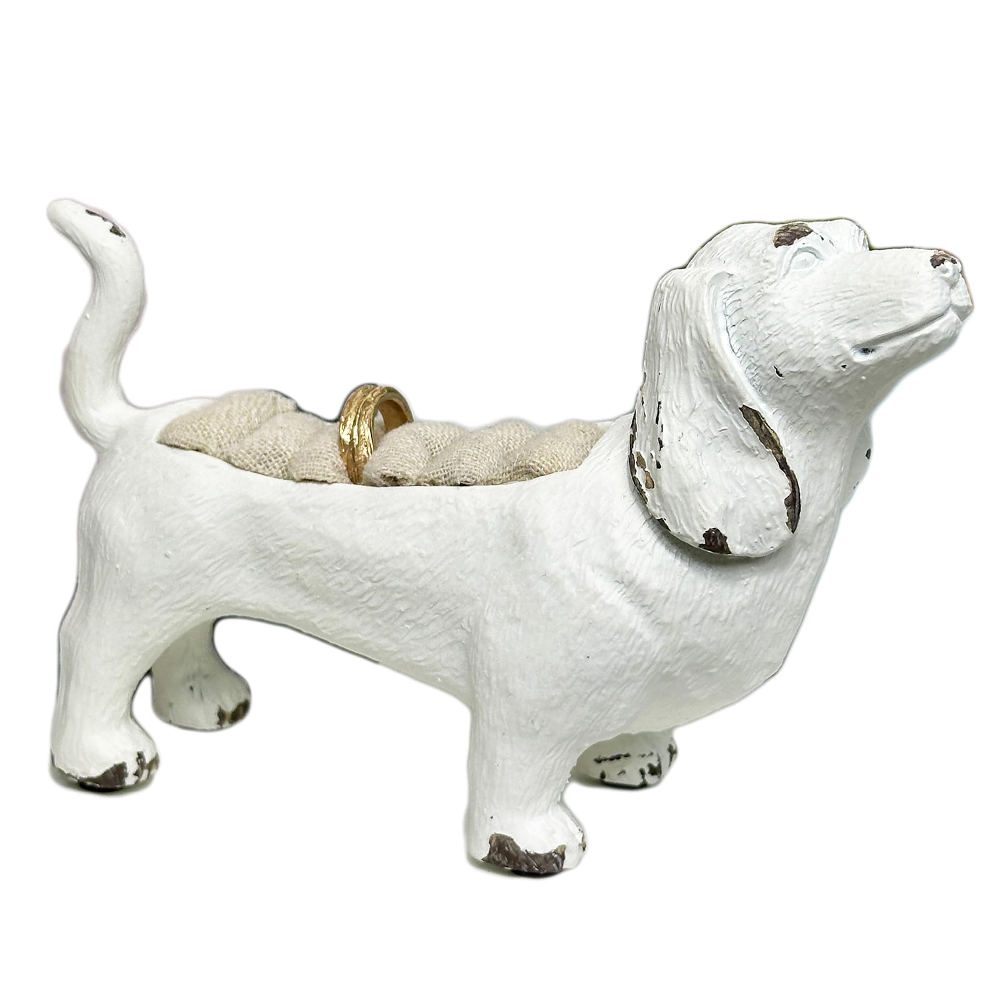 Darthome White Sausage Dog Ring Holder Resin Textured Dachshund Dog Jewellery Stand Gift