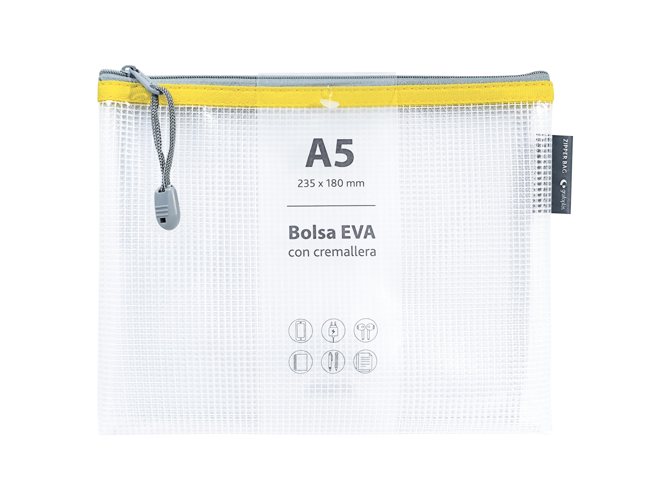 Grafoplás | EVA A5 Zipper Bag | Made with Transparent EVA Foam | Yellow Zipper | Perfect for Transporting and Protecting All Types of Items, Documents or Cosmetics