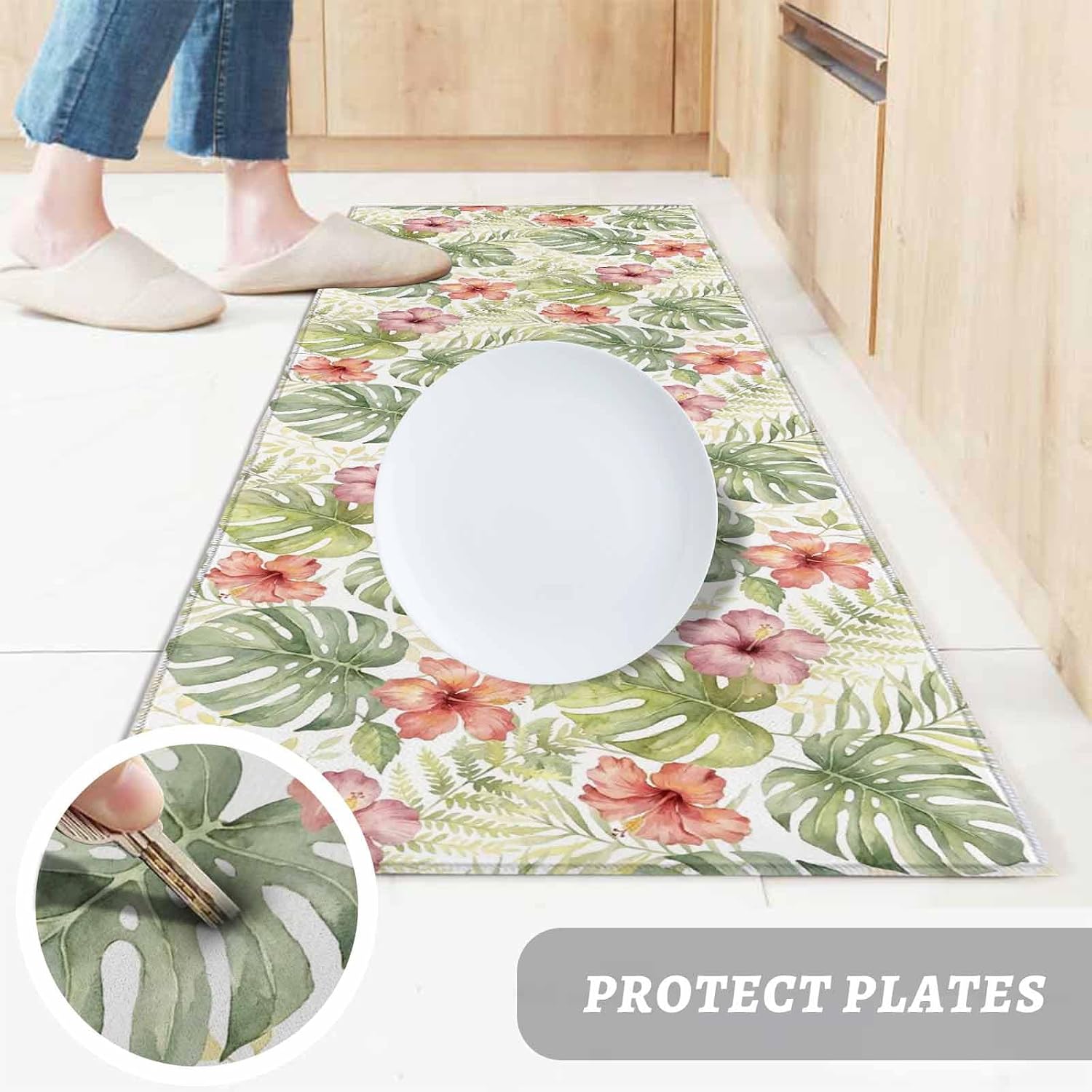 Teamery Kitchen Mats for Floor Watercolor Monstera Leaf Flower Washable Non Slip Kitchen Rugs 1PCS, Summer Herbs Plant Floral Absorbent Standing Mats for Sink Bathroom Office Living Room 23.6x70.9in
