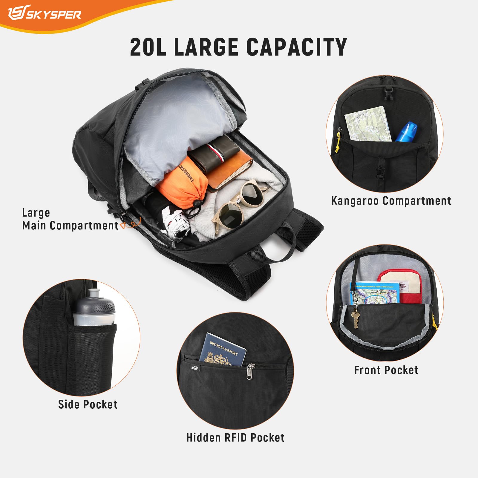 SKYSPER Zaino Pieghevole Antifurto con Protezione RFID, 20L Zaino da Escursione Zainetto Piccolo da Hiking per Viaggio Trekking Ciclismo