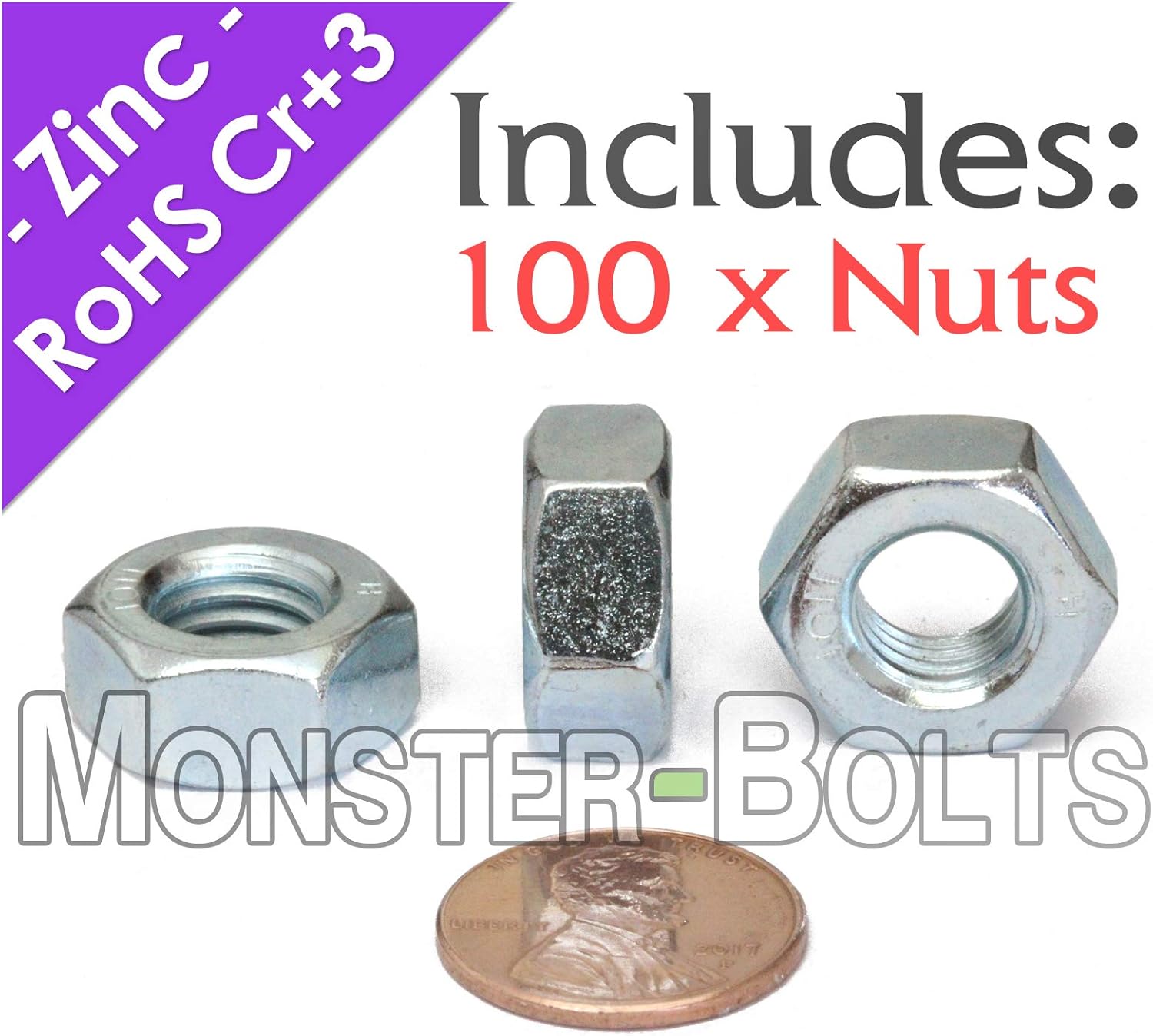 MonsterBolts - M10 Hex Nuts, DIN 934, Zinc CR+3, 100 Pack