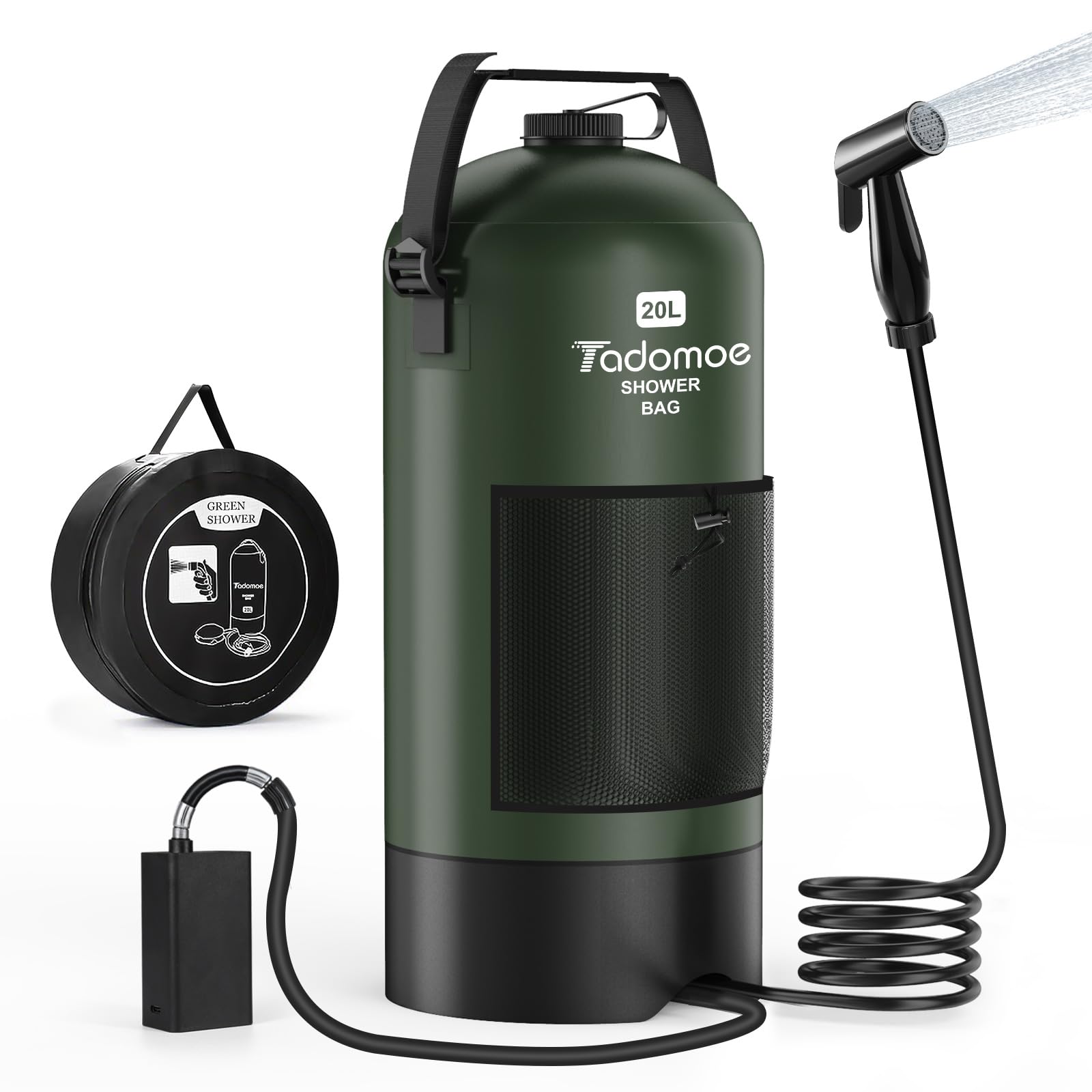 20L Doccia da Campeggio con 2000mAh Pompa e Tubo da 2m, Doccia Portatile Solare Borsa con Borsa di Trasporto e Soffione - Doccia Mobile per Camping, Spiaggia, Cani e Giardino