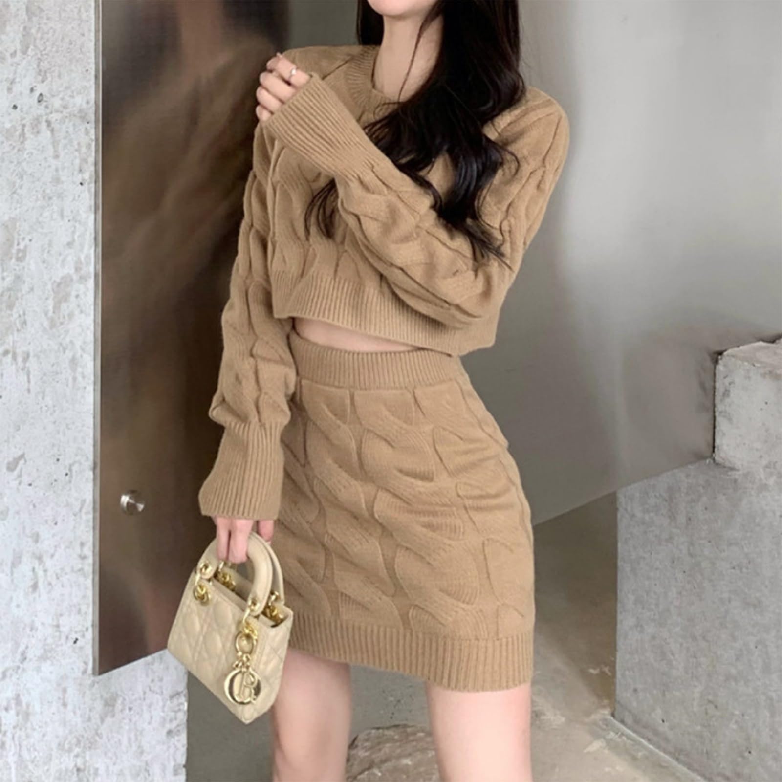 Set da donna in due pezzi, gonna e top in maglione lavorato a maglia, maglione casual da donna, caldo, allentato, a trecce (Color : Khaki, Size : Free)