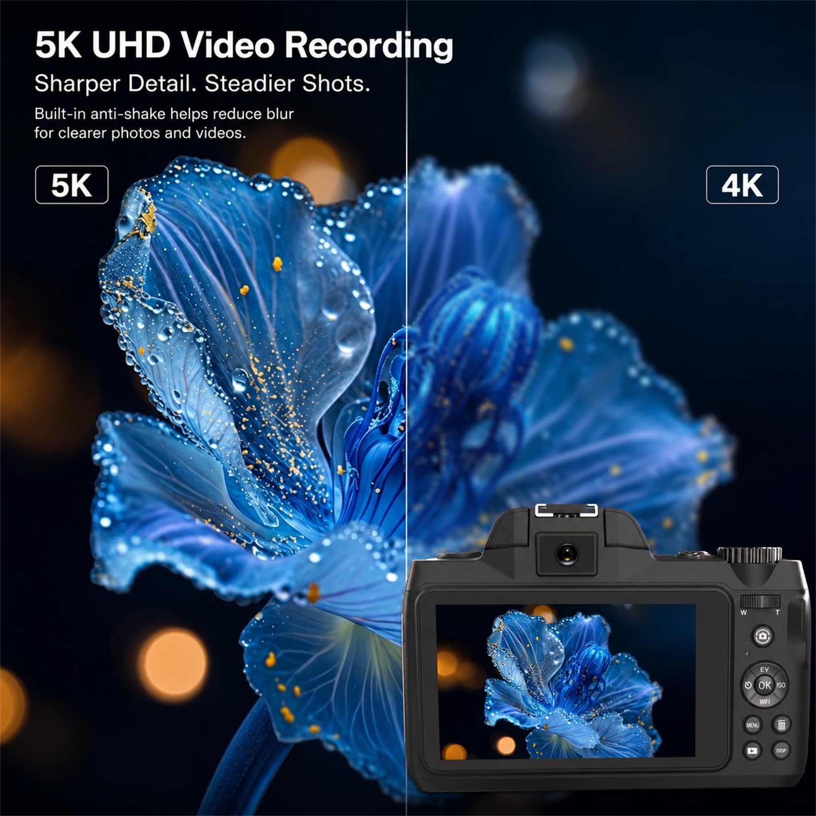 Cámara digital 5K para fotografía, cámara de vlogging de enfoque automático de 64 MP para video de YouTube con lente frontal y trasera, flash, cámara de viaje con pantalla táctil de 4 pulgadas