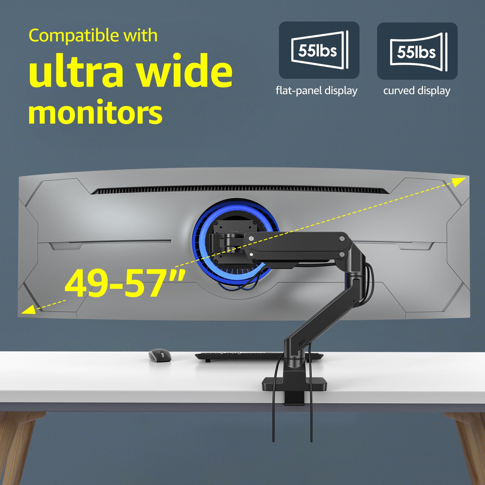 Braccio per monitor piatto, ultrawide, Cruved da 34-49 pollici e nuovo schermo da 57 pollici, capacità di peso fino a 20 kg, nero
