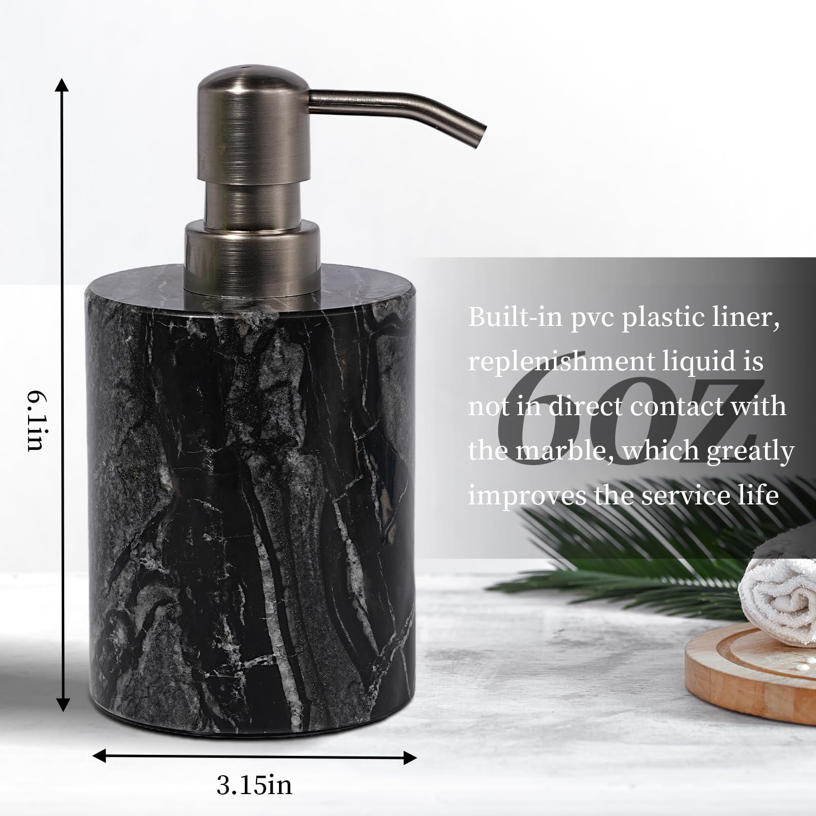 Dispenser di sapone in marmo nero con pompa in acciaio inossidabile per piano di lavoro della cucina del bagno - Dispenser per lozione e liquido