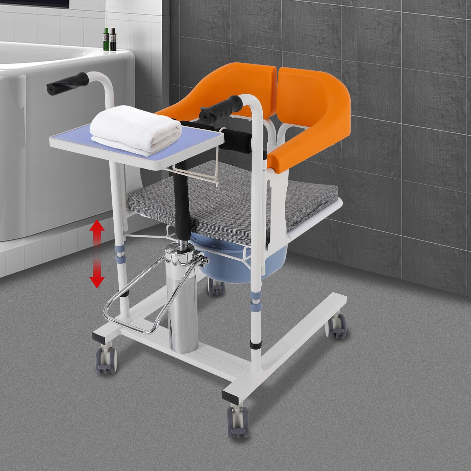Sollevatore per pazienti, sedia a rotelle per anziani, con ruote, altezza regolabile 42 – 60 cm, sedia a rotelle per WC, per anziani, donne incinte, persone (arancione)