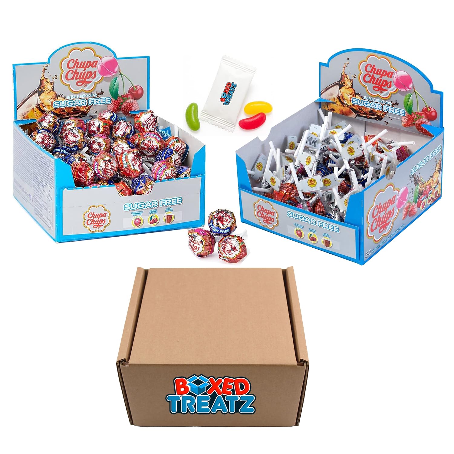 Chupa Chups Party Sweets - Sugar Free Assorted Box of Lollipops (100 Lollies In 3 Flavours) Boxed Treatz