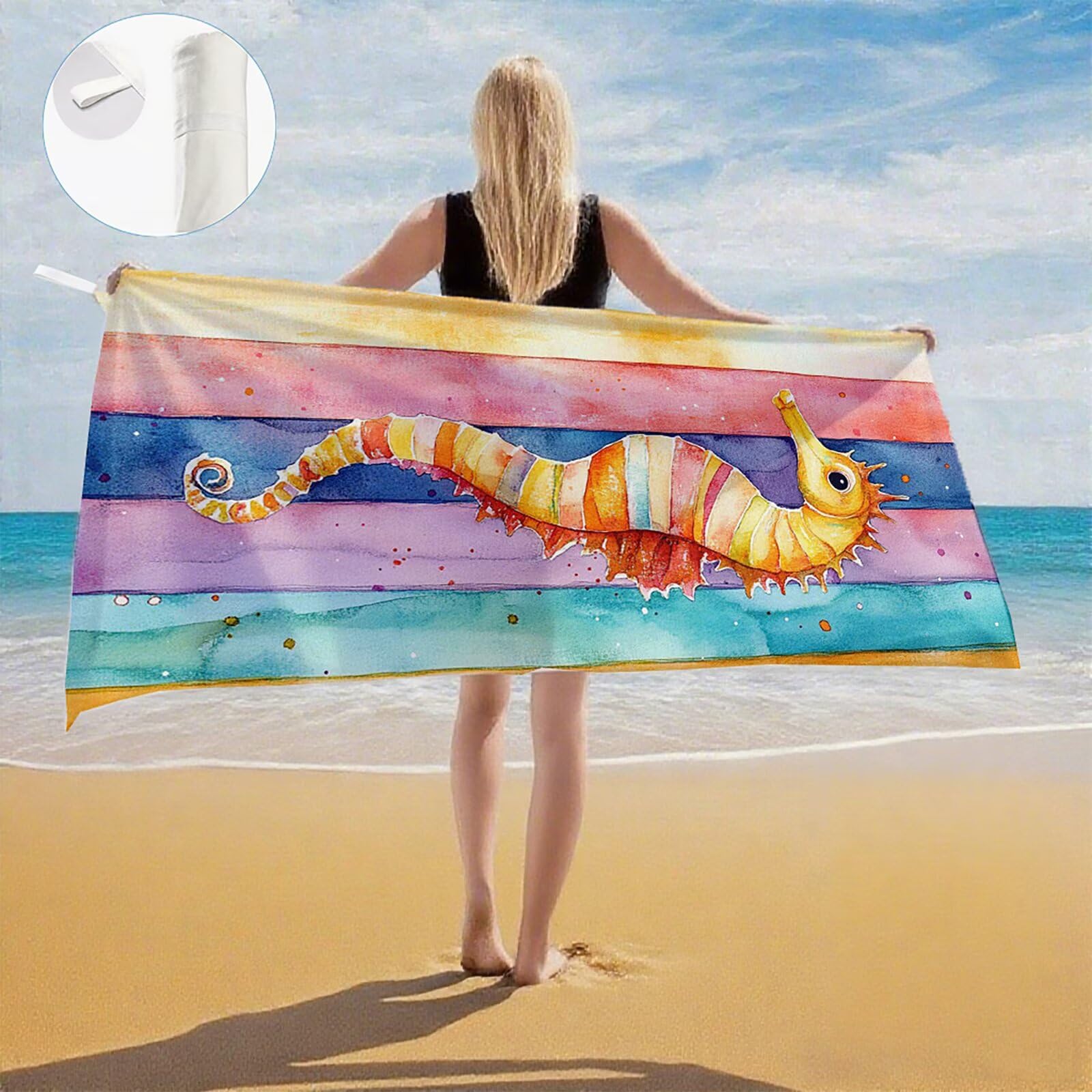 Serviette de Plage XXL 100x200 cm,Hippocampe Serviette Plage Microfibre avec Séchage Rapide, Anti-Sable, Absorbante Fonction Design pour Vacances Piscine Pique-Nique Voyages Yoga, Cadeau Femme Q-686