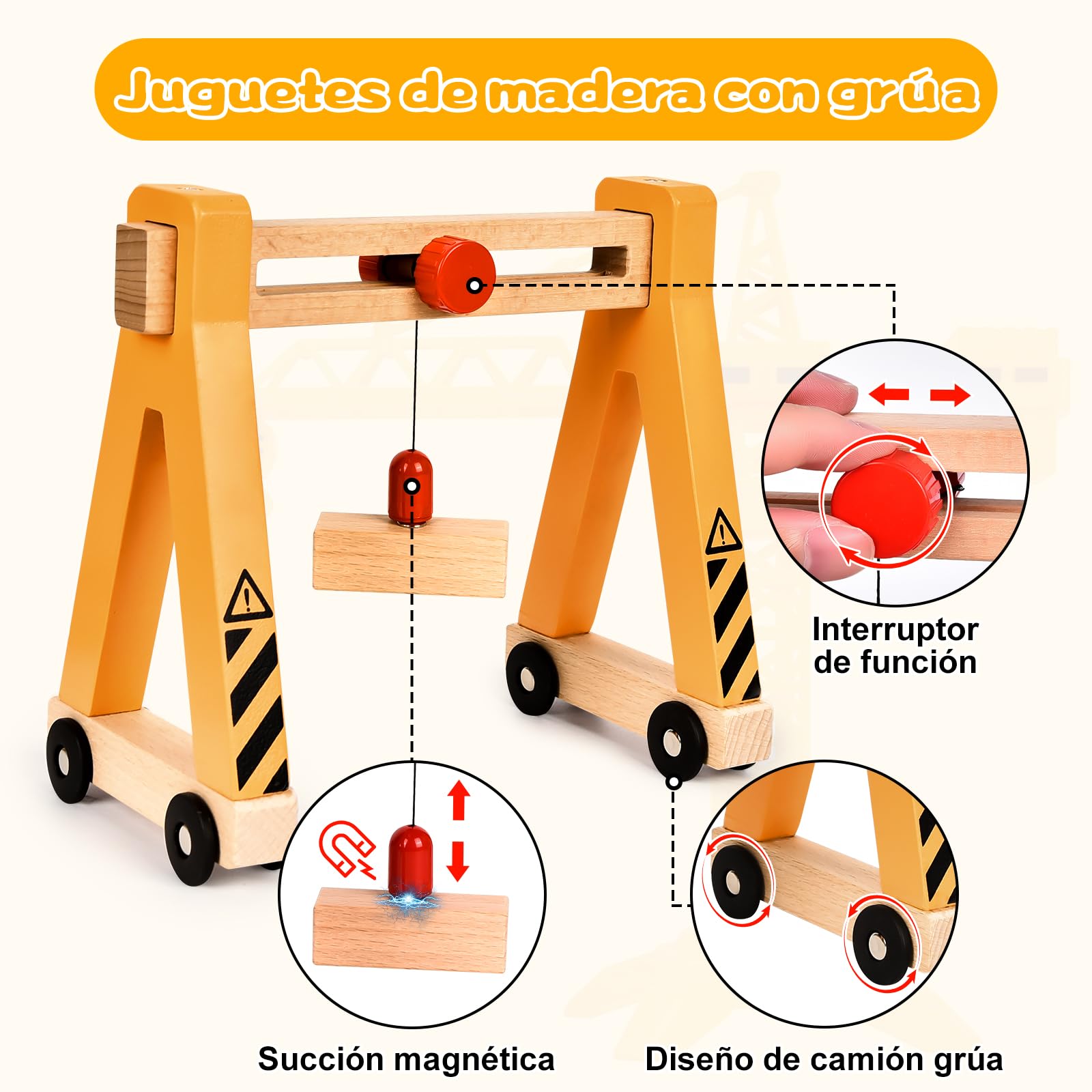 Buzzoxerex Vehiculos Construccion Juguete de Madera Niños, Magnético Vehículos con Grúa Pórtico, Excavador, gruas, Camión Remolque, Rodillo Camino, Bulldozer, Regalo para Niños Mayores de 3 años