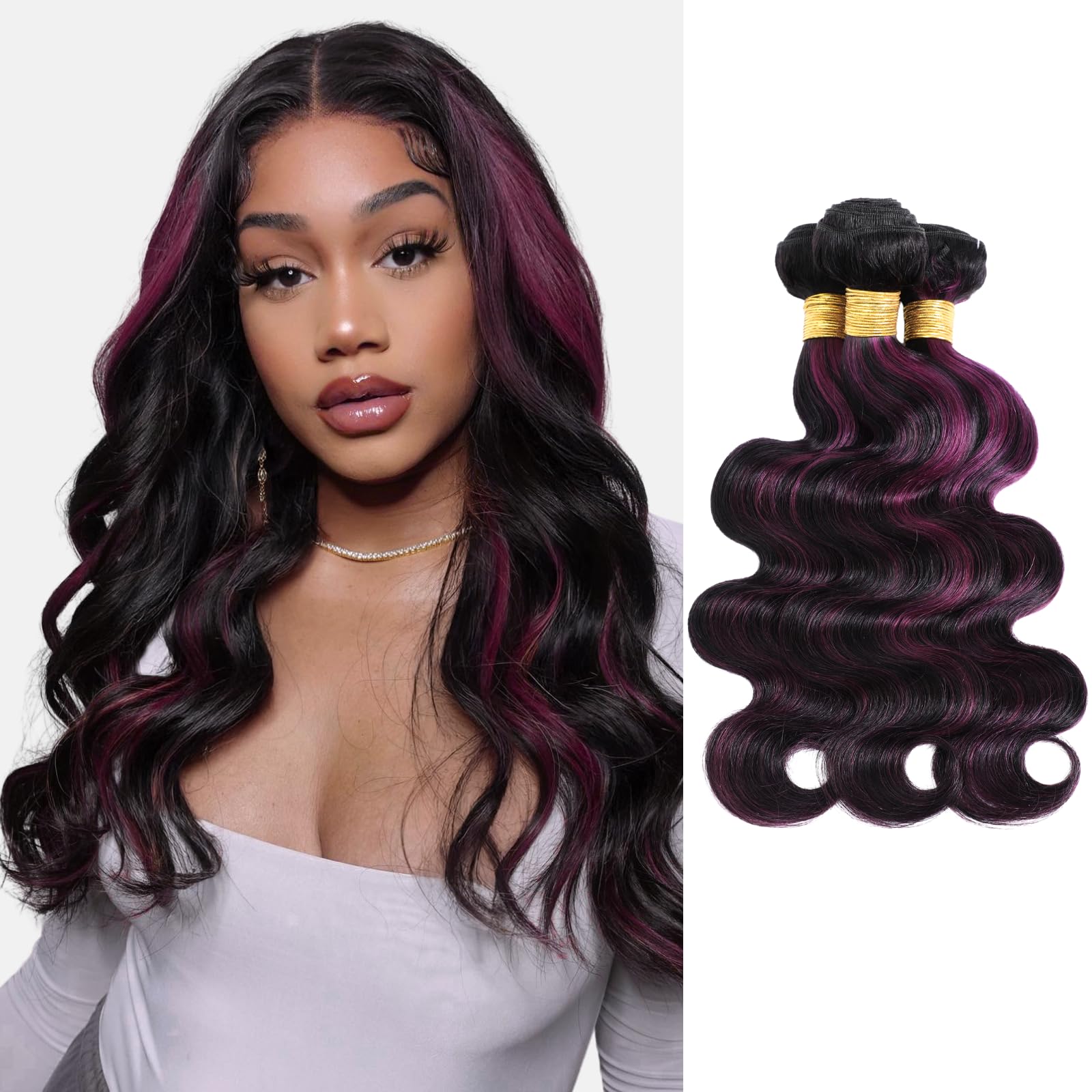 ALHER Black Mix Purple Highlight Bundles Human Hair Body Wave 18 20 22 IN, 12A Soft Thick 1B/Purple Burgundy Bundles Wavy Human Hair, 100% Remy Hair