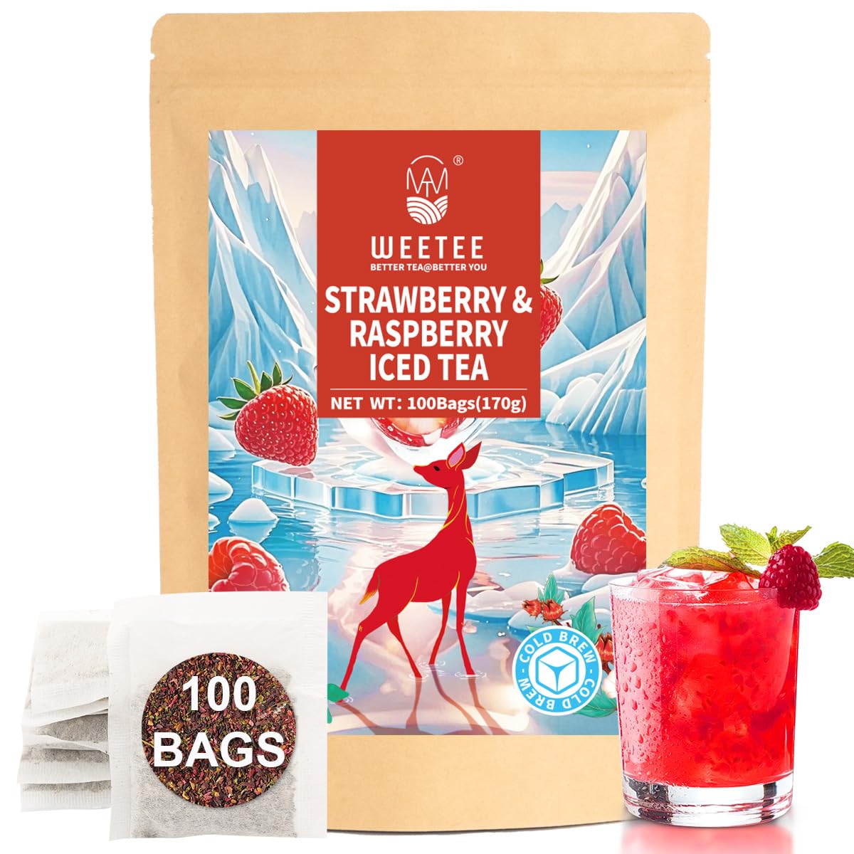 WT WEETEE Strawberry & Raspberry Herbal Iced Tea, 100 Count Cold Brew Hibiscus Iced Tea Bags, Rich Tartness & Sweetness, Caffeine-Free, No Artificial