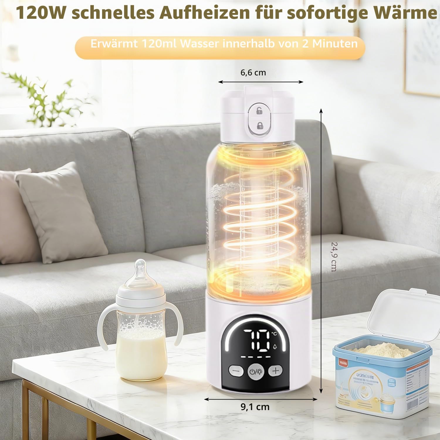 Tragbarer Babyflaschenwärmer für Unterwegs, 500ml Muttermilchwärmer, 12000mAh Akku, 120W Schnellheizung, Temperaturregelung, 2 Heizmodi, mit Reinigungsbürste