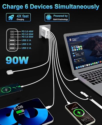 Miniatura 2 de Bloque de cargador USB C GaN de 90 W, cargador de pared USB C de 6 puertos de carga rápida, adaptador de corriente PD de 45 W para iPhone 17Pro