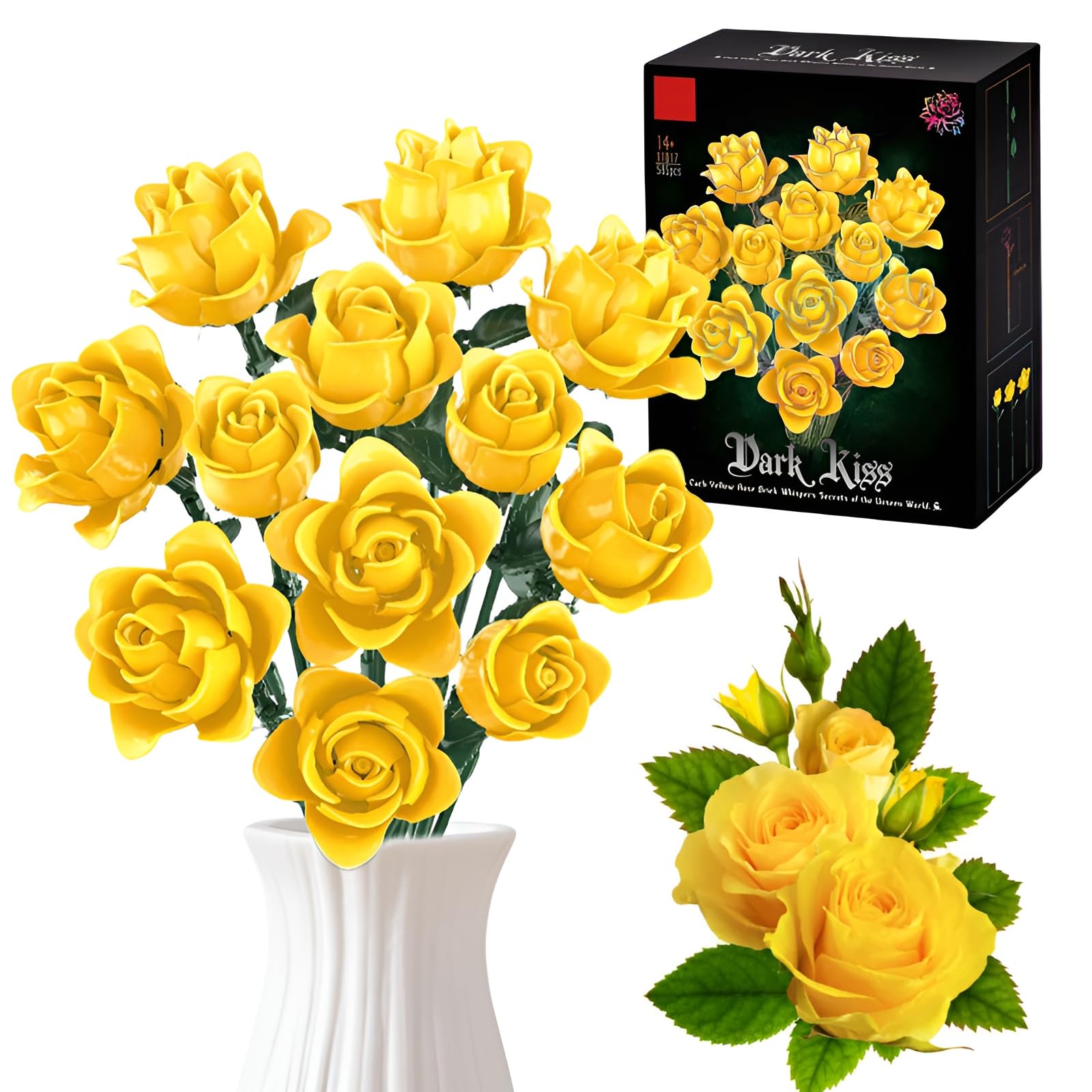 SymGrpu Yellow Roses Bouquet Building Set for Adults, Flowers Botanical Collection Blocks Kit Toy, Artificial Flowers for Home Office Decor, Gift for Her Women Adults on Mothers Day(585 PCS)
