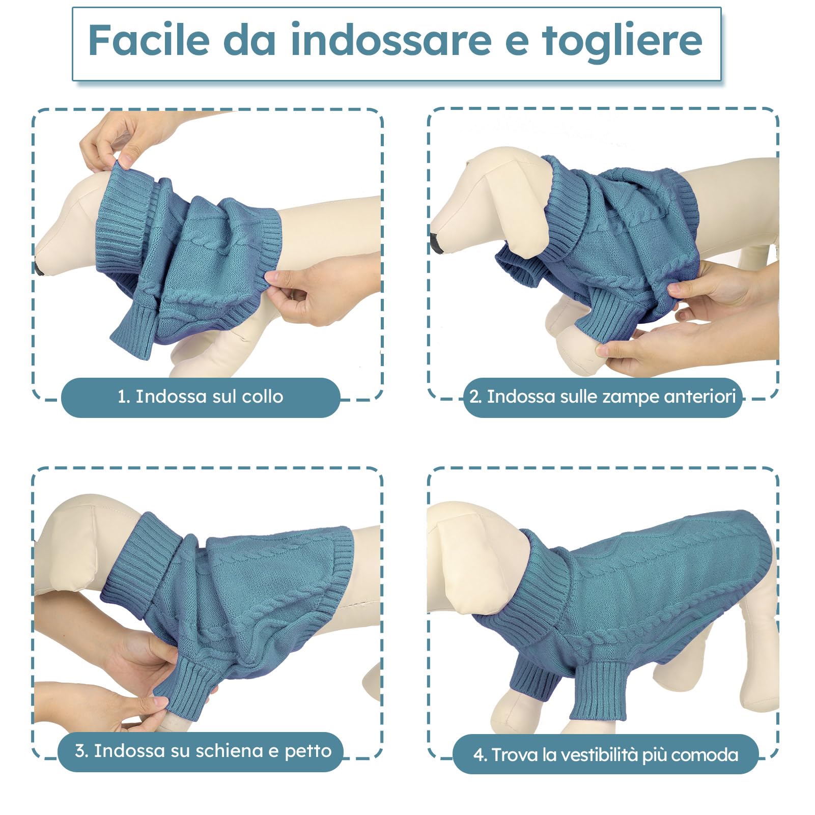 Queenmore Felpa Cane Taglia Media Maglione Cane Bassotto Maglioncino Cane Caldo A Collo Alto Ritorto Vestiti Per Cani Gatti Maglione Elastico Per Bulldog Francese Barboncino Chihuahua, Teal, M