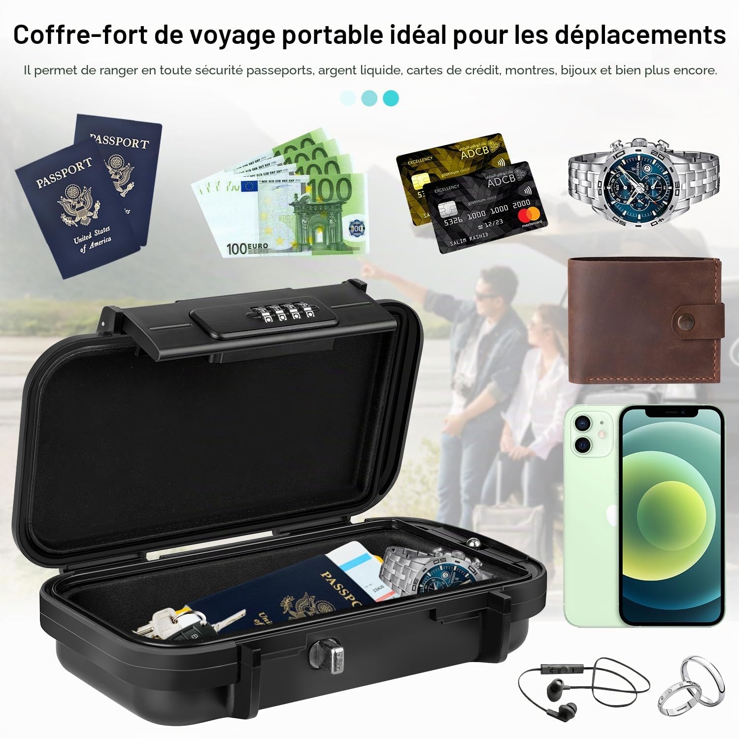 Coffre-fort Portable Sécurisé Mini Coffre Fort de Voyage Étanche Antivol avec Câble Métallique Amovible pour La Maison, Bureau, Hôtel, Voyages, etc.(Noir)