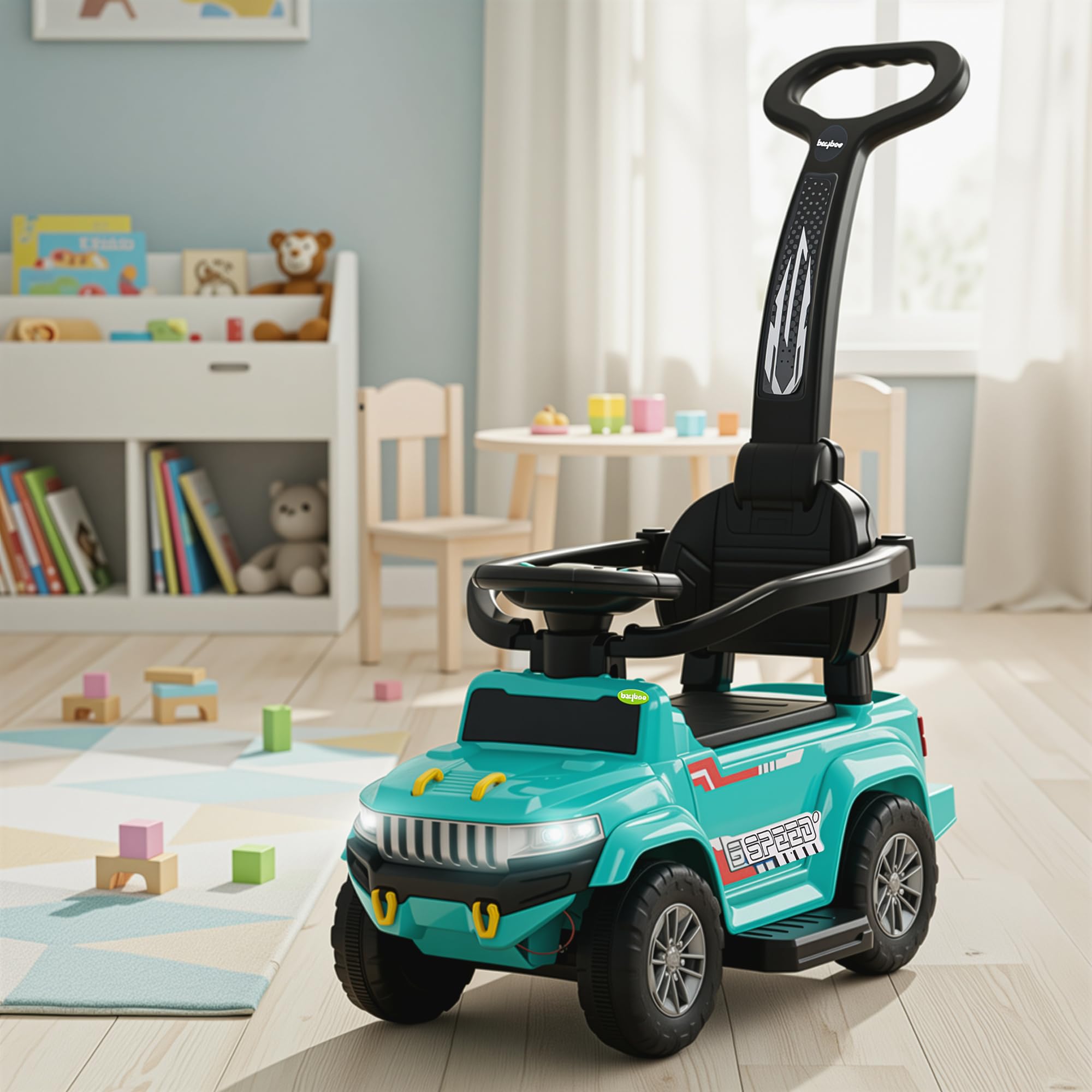 Baybee Speedy Pro Ride on Cars for Kids | Portable Baby Push Rideons with Parental Handle & Safety Guardrail | Kids Car with LED Lights, Music & Backrest | Ride on Car for Baby 1-3 Years (Green)-image-8