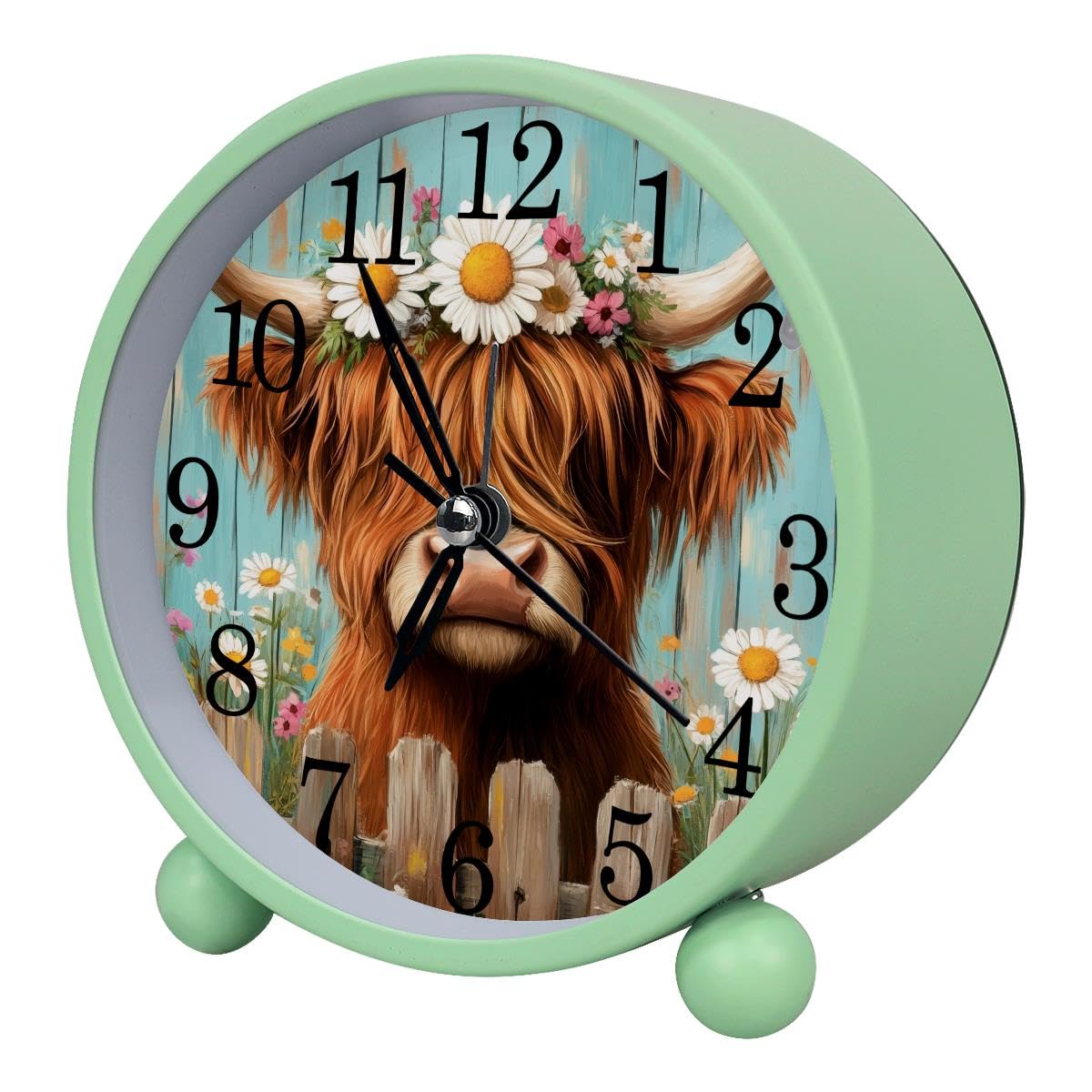 Luoweisi Alarm Clock Highland Cow Daisy Rustic Plank, Silent Non-Ticking with Night Light, Round Metal Alarm Clock for Office, Battery Operated, Bedroom, Elderly, Adults, Children, Student Gifts
