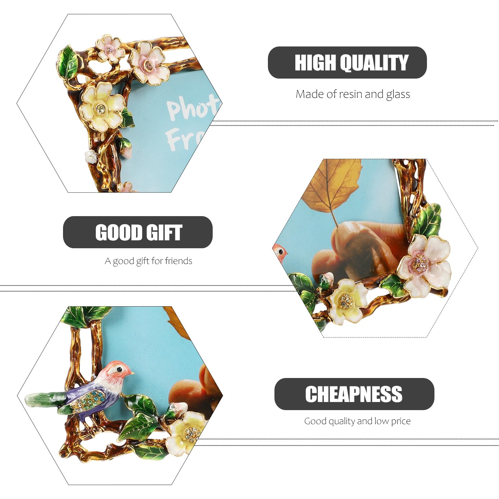 VOSAREA Fotorahmen Robust und Sicher mit Europäischem Stil aus Zinklegierung Vintage und Emaillierter Blumen und Vogeldekoration für Tisch und Thekenpräsentation