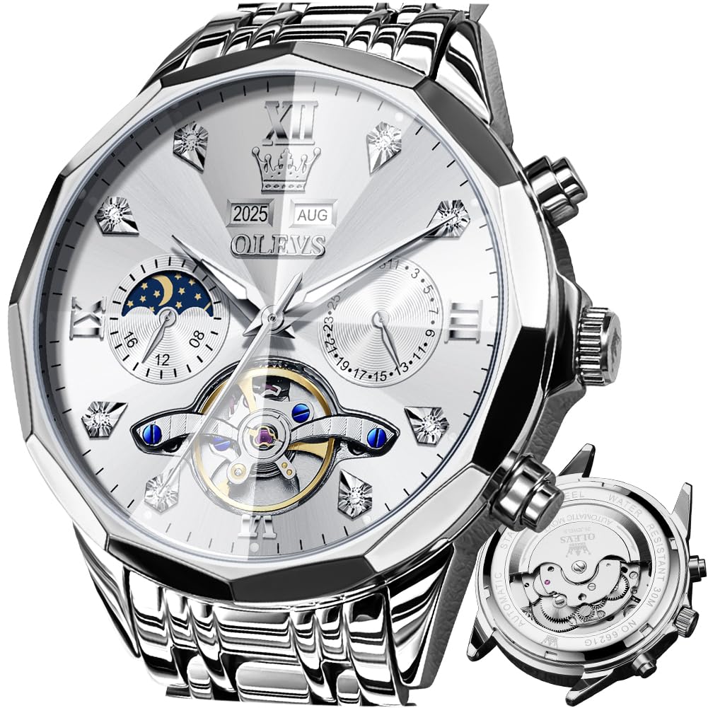 OLEVS Automatic Watch for Men Luxury Diamond Self Winding Multifunctional Men's Calendar Watch Stainless Steel Waterproof Luminous Male Watches