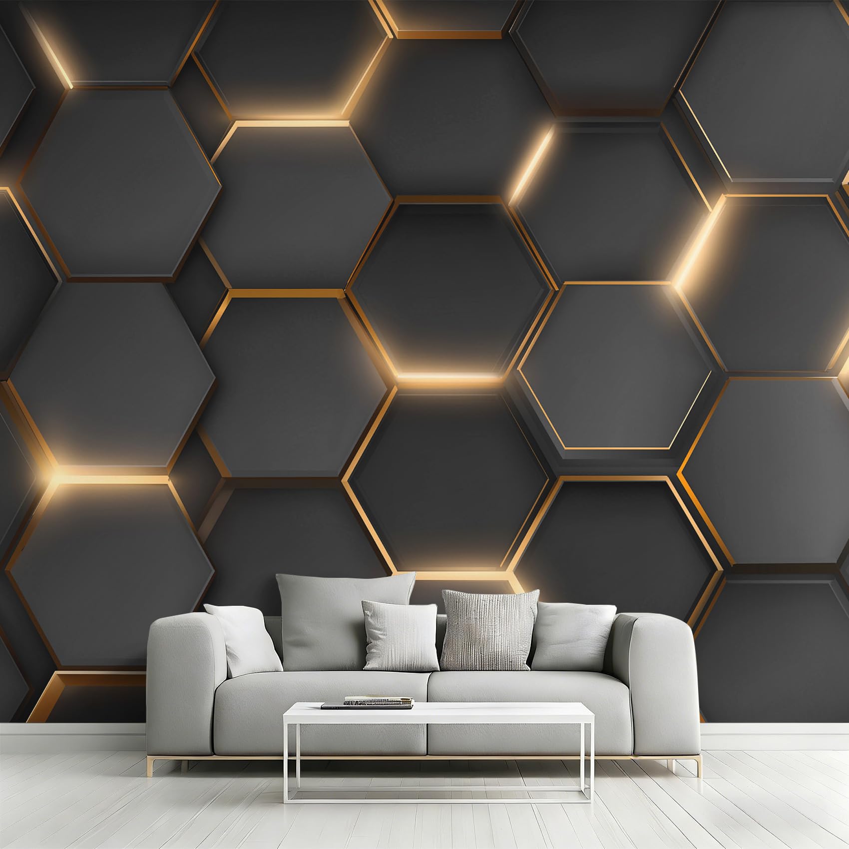Générique Papier Peint Intissé Géométrique Noir et Or, Papier Peint Panoramique Hexagone Alvéolé Noir pour Salon Chambre Bureau Couloir, Décoration Murale, 350 x 256 cm (L x H) Y&W63