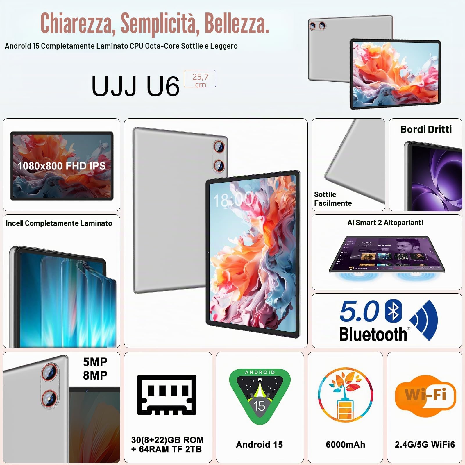 Gemini AI Tablet 10 Pollici Android 15, 64GB ROM + 2TB TF, Octa-Core 2.0GHz, 1280x800 FHD IPS, 5G WiFi, Widevine L1, 5MP+8MP, Bluetooth 5.0, 2026 Tablet con Tastiera, Mouse, Custodia Argento