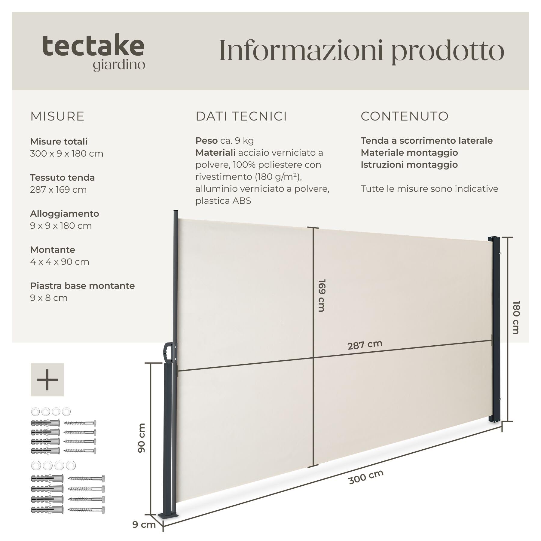 tectake® Tenda Laterale Avvolgibile, Estensibile, 300 x 180 cm, Paravento da Esterno, Tenda Parasole Esterno, in Acciaio, per Giardino, Balcone e Terrazza, Frangivista Frangivento da Esterno - Beige