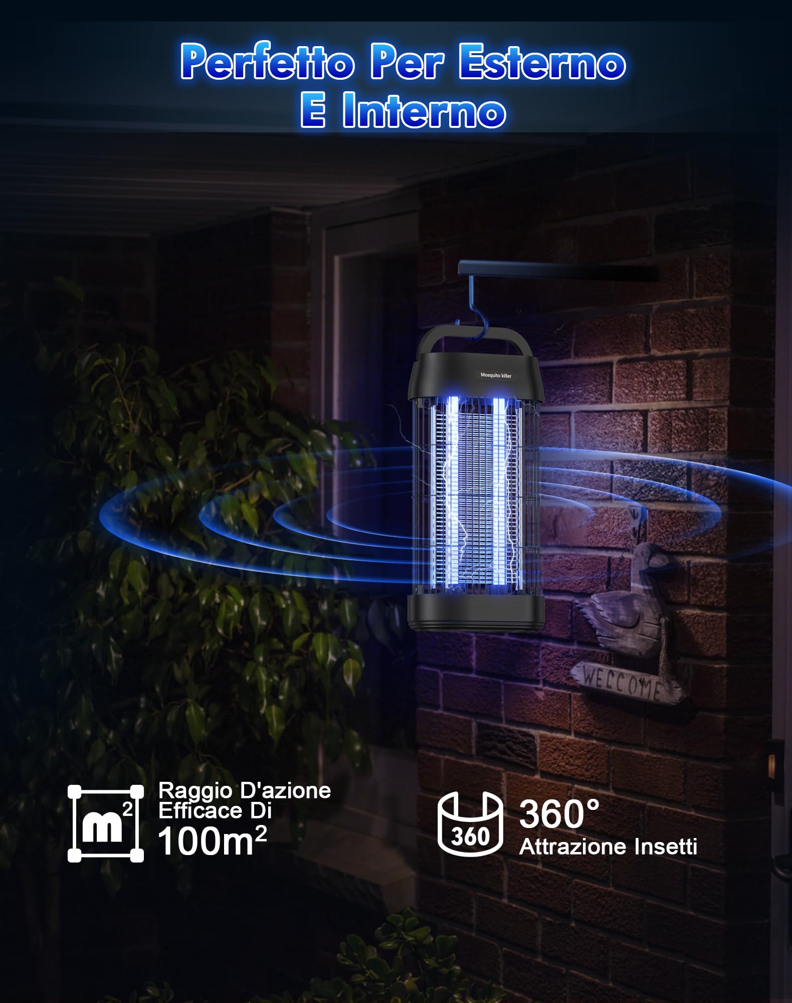 Lampada anti-zanzara 3000 V, uccide mosca elettrica UV 16 W, trappola zanzara con gancio portatile, sicura, ecologica e silenziosa, per interni ed esterni (100 m²)