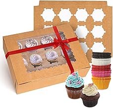 Rarapop 15-Set Brown Cupcake Boxes Hold 12 Standard Cupcakes, Food Grade Cupcake Holders Bakery Carrier Boxes with Windows and Inserts for Cupcakes, Muffins and Pastries