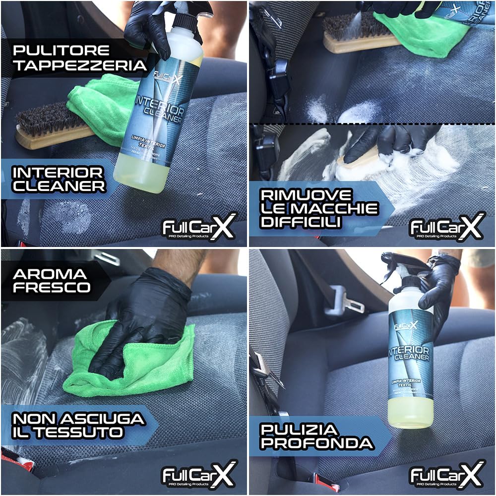 FULLCARX Kit Interno Pulizia Auto, Pulitore Lava Tappezzeria Sedili Tessuto, Lucida Cruscotto e Reinnova Plastiche, APC Pronto per l'Uso, Detergente Vetri Schermi, Prodotti Detailing Professionale